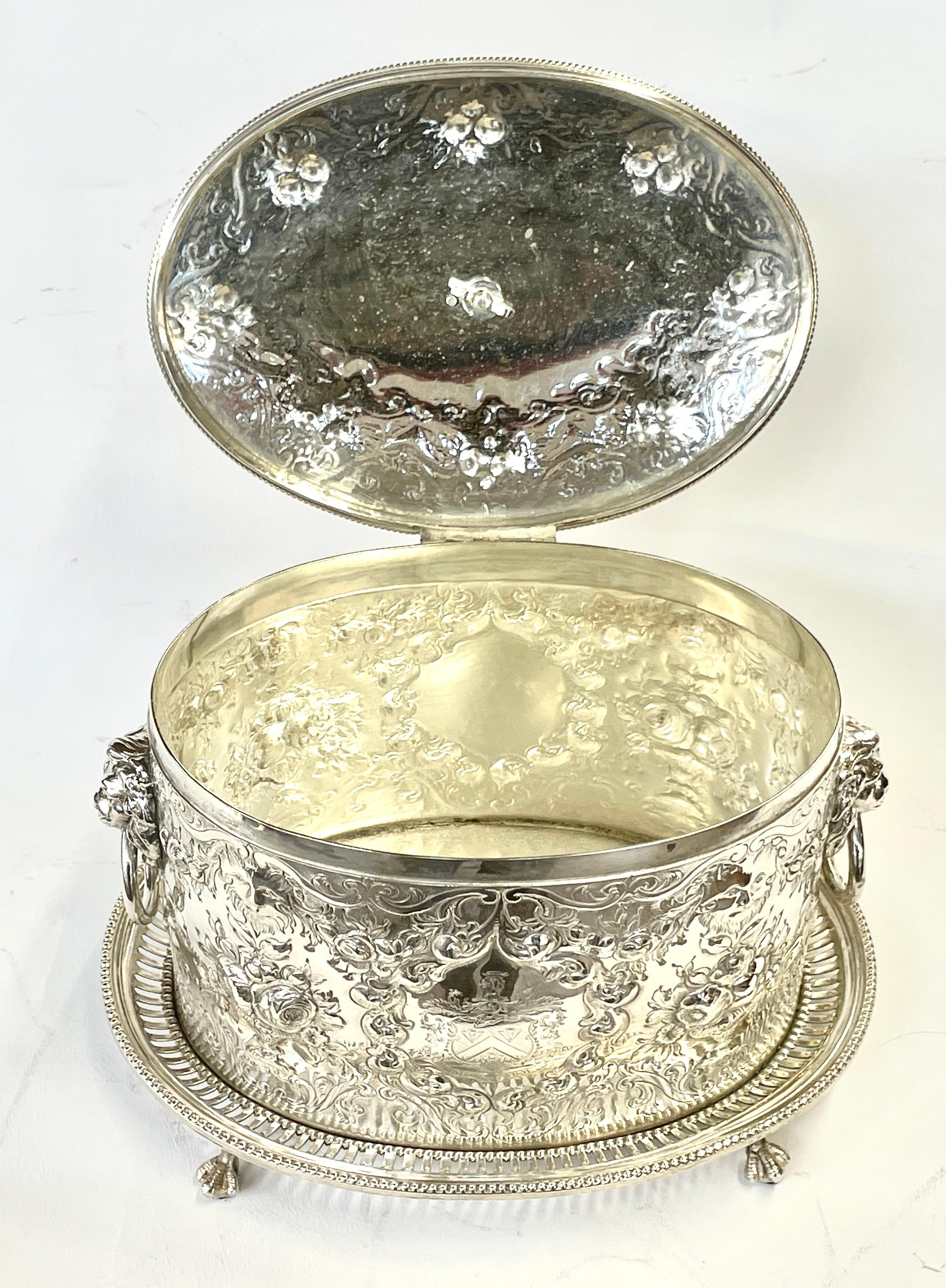 19th Century Finest Antique English Hand Chased & Engr. S/P Armorial Crested Oval Biscuit Box