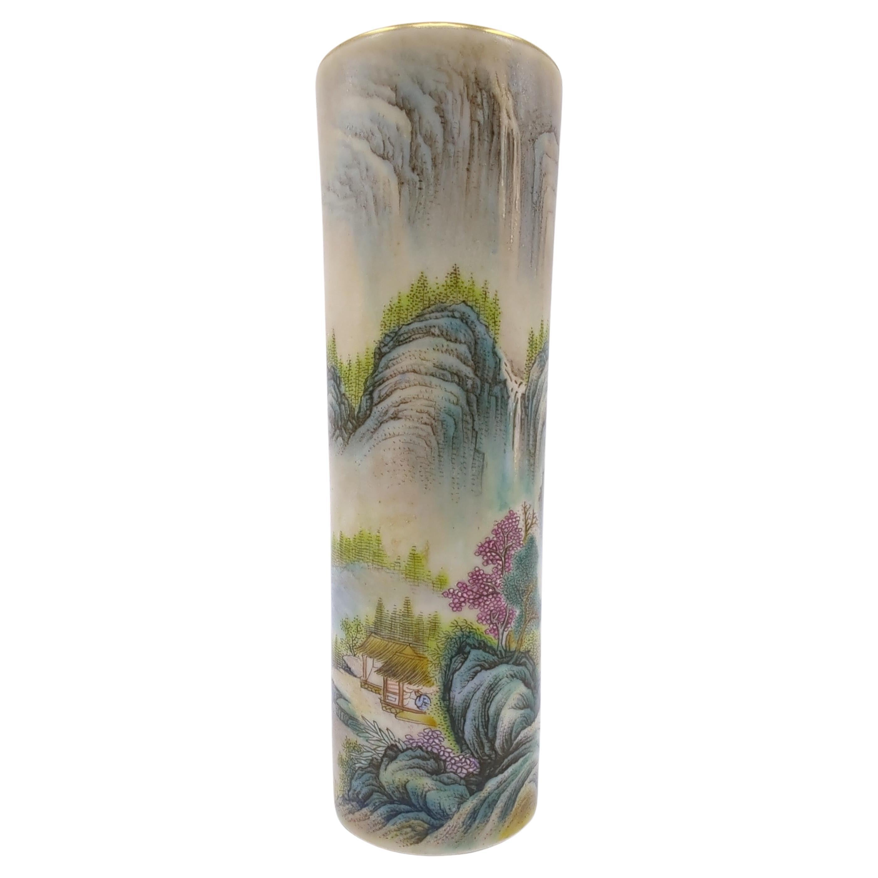 Qing Finest Chinese Famille Rose Fencai Shanshui Cylinder Vase Gilt Rim Early 20th C For Sale