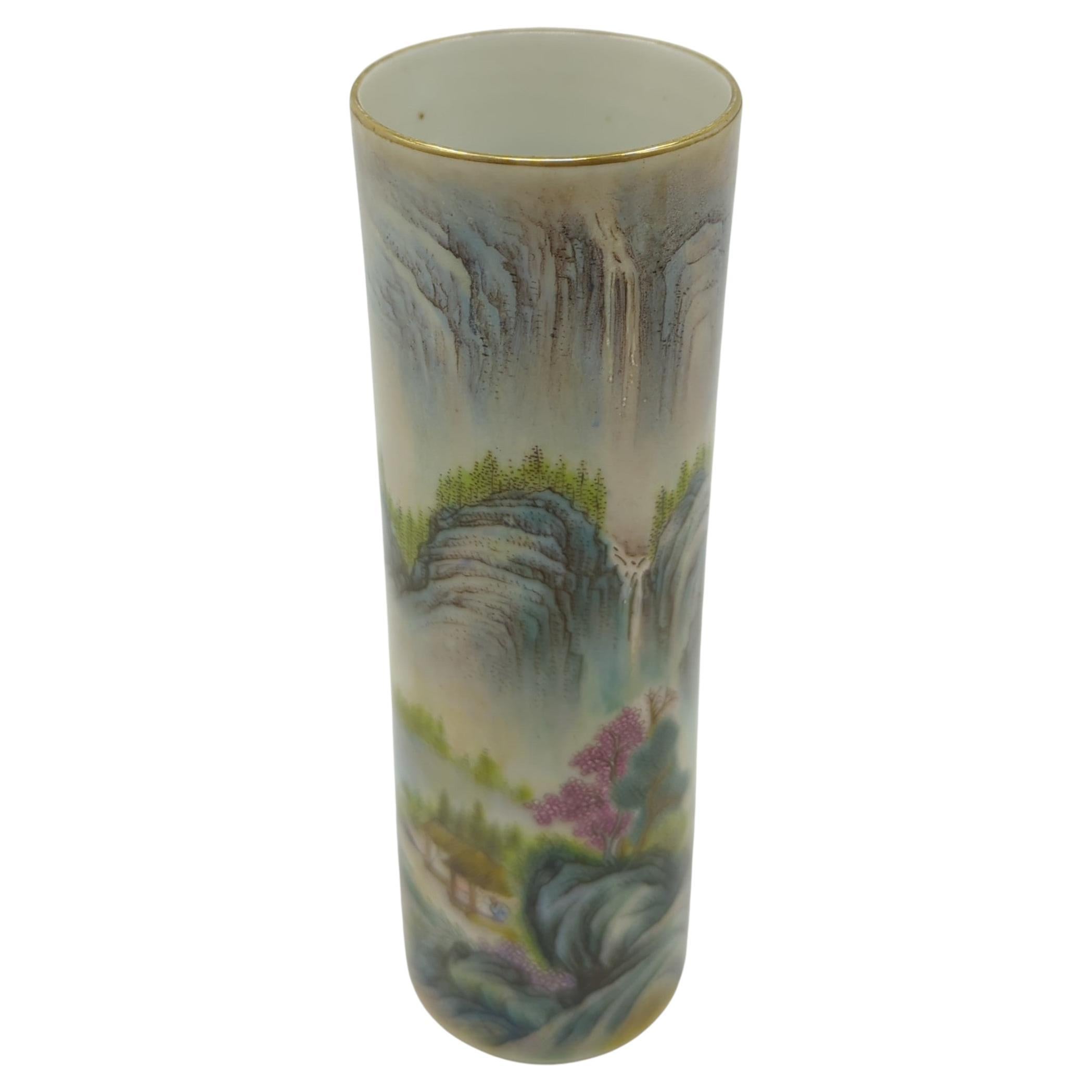 20th Century Finest Chinese Famille Rose Fencai Shanshui Cylinder Vase Gilt Rim Early 20th C For Sale