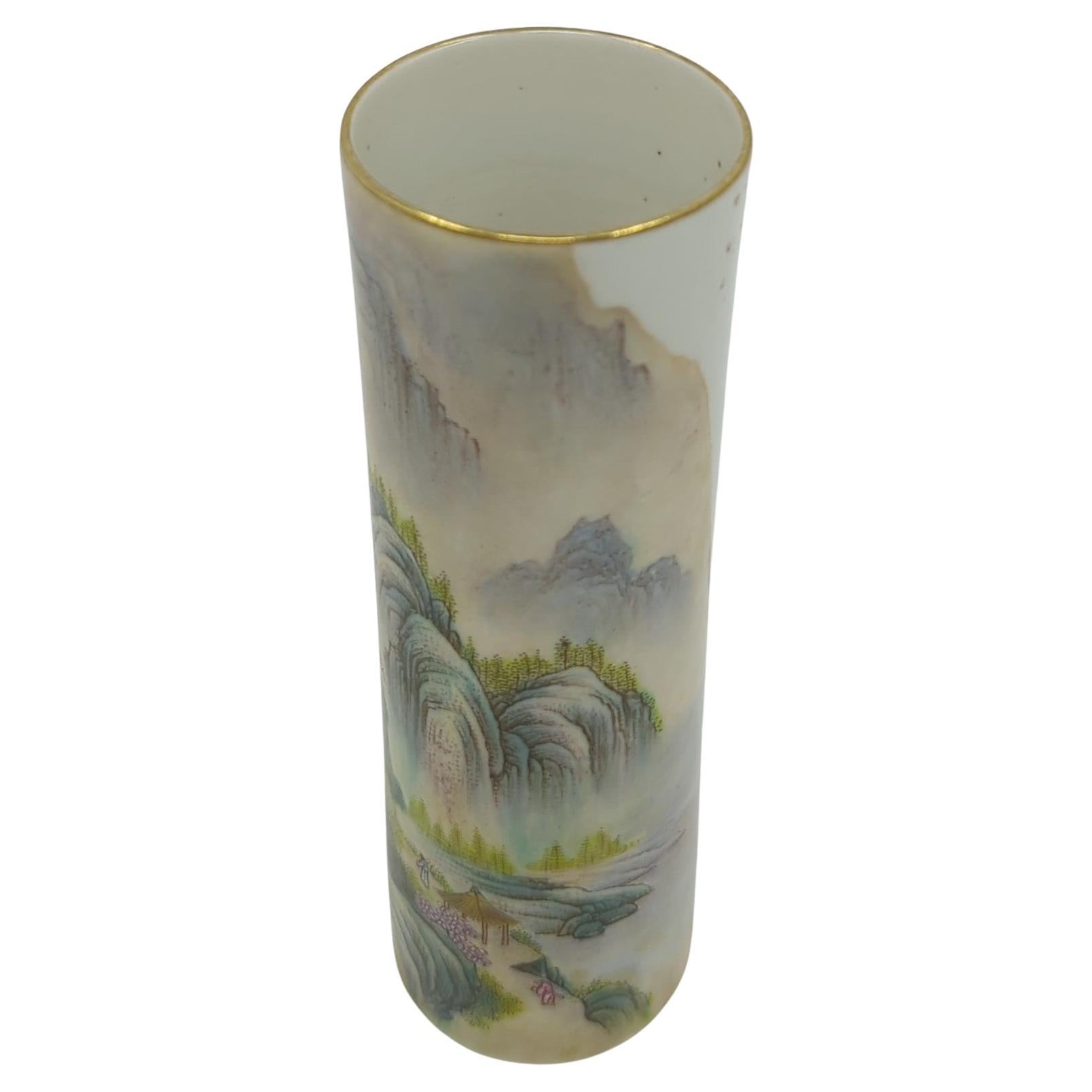 Porcelain Finest Chinese Famille Rose Fencai Shanshui Cylinder Vase Gilt Rim Early 20th C For Sale