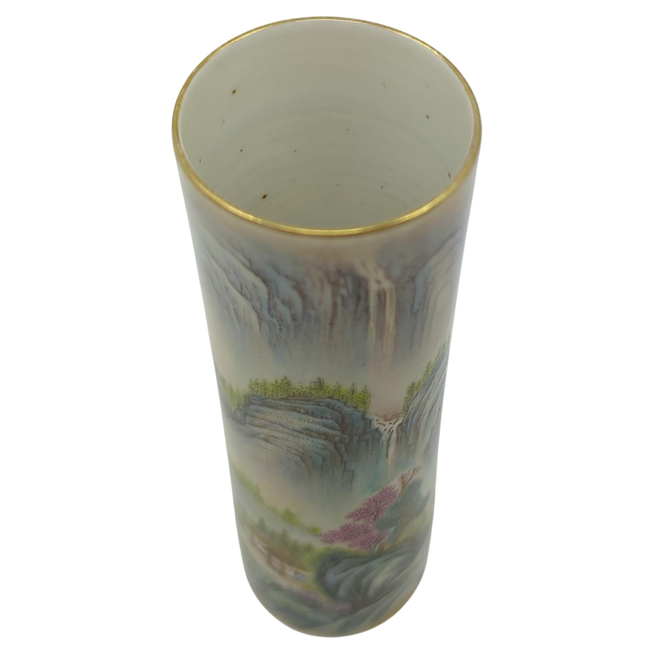 Finest Chinese Famille Rose Fencai Shanshui Cylinder Vase Gilt Rim Early 20th C For Sale 1