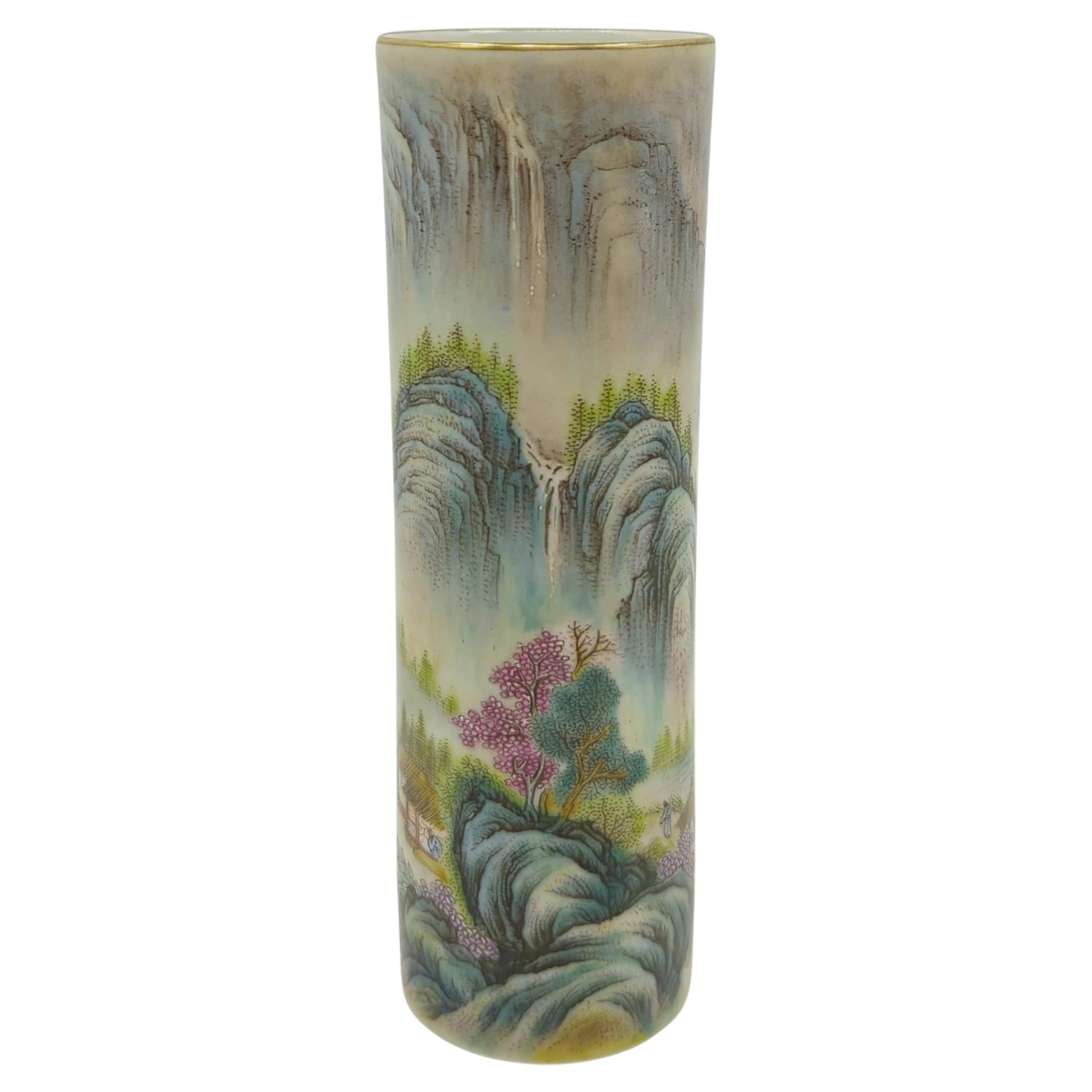 Finest Chinese Famille Rose Fencai Shanshui Cylinder Vase Gilt Rim Early 20th C For Sale