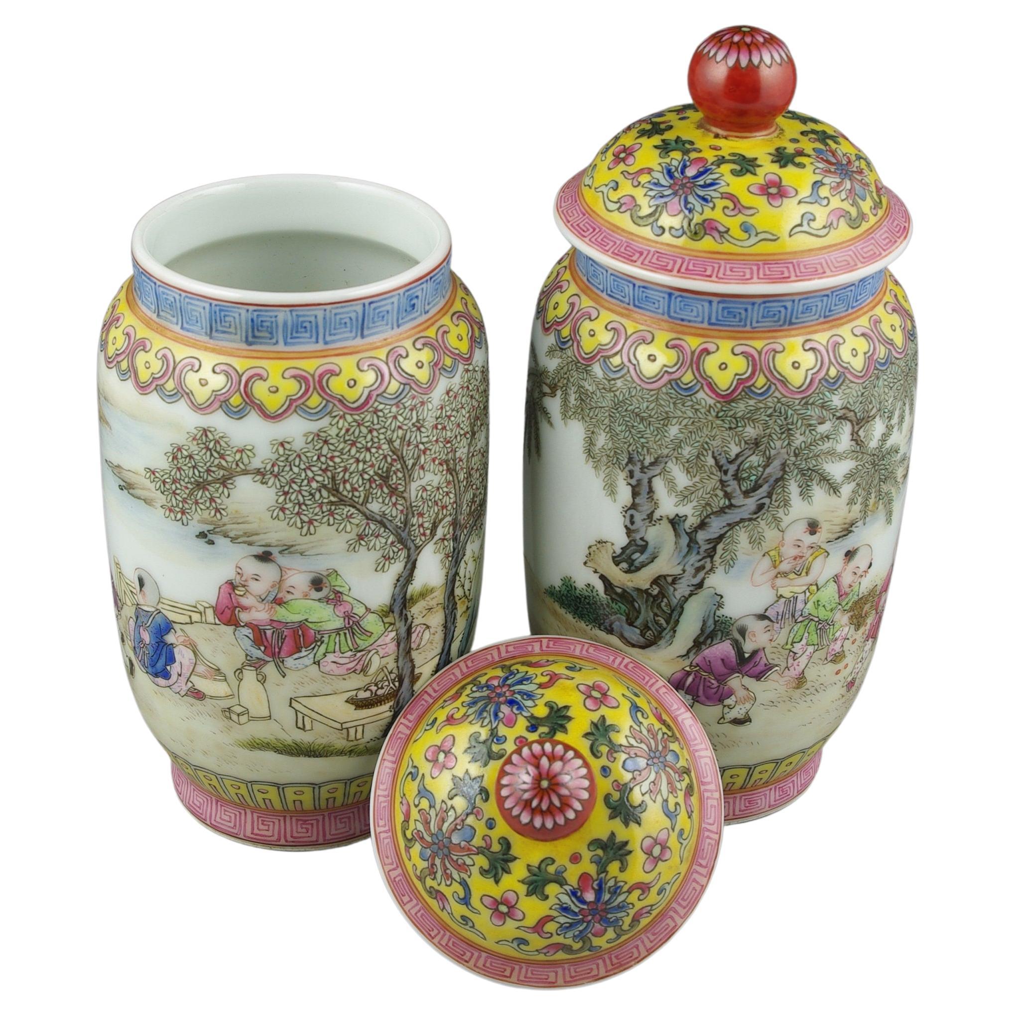 20th Century Finest Chinese Porcelain Fencai Covered Jars Children Playing Qing Style 20c  For Sale
