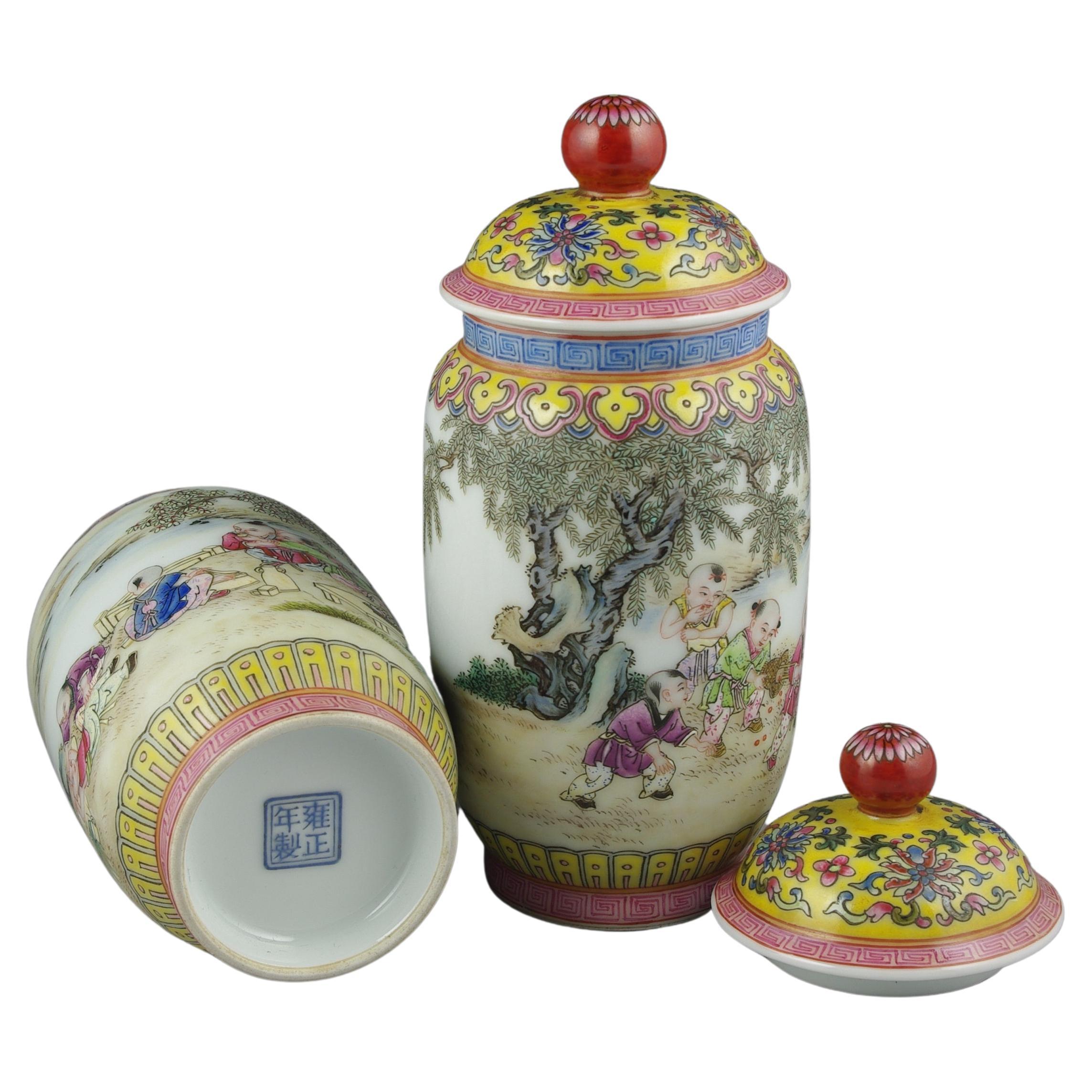 Finest Chinese Porcelain Fencai Covered Jars Children Playing Qing Style 20c  For Sale 1