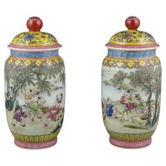 Finest Chinese Porcelain Fencai Covered Jars Children Playing Qing Style 20c 