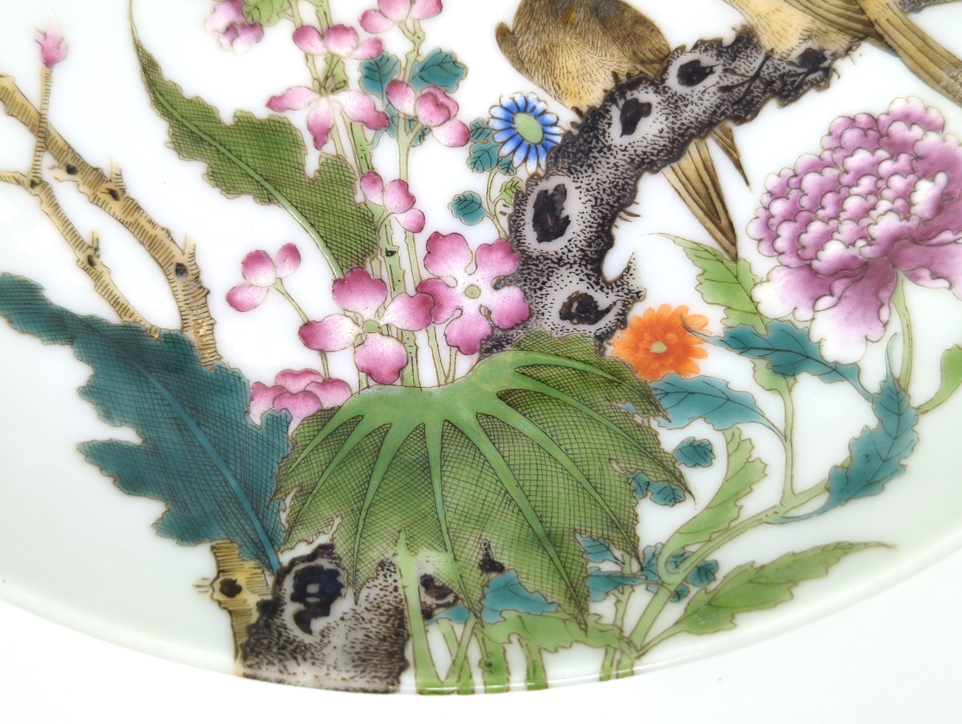 Qing Finition d'assiette en porcelaine chinoise Falangcai émaillée Birds Blossoms Republic ROC 20c  en vente