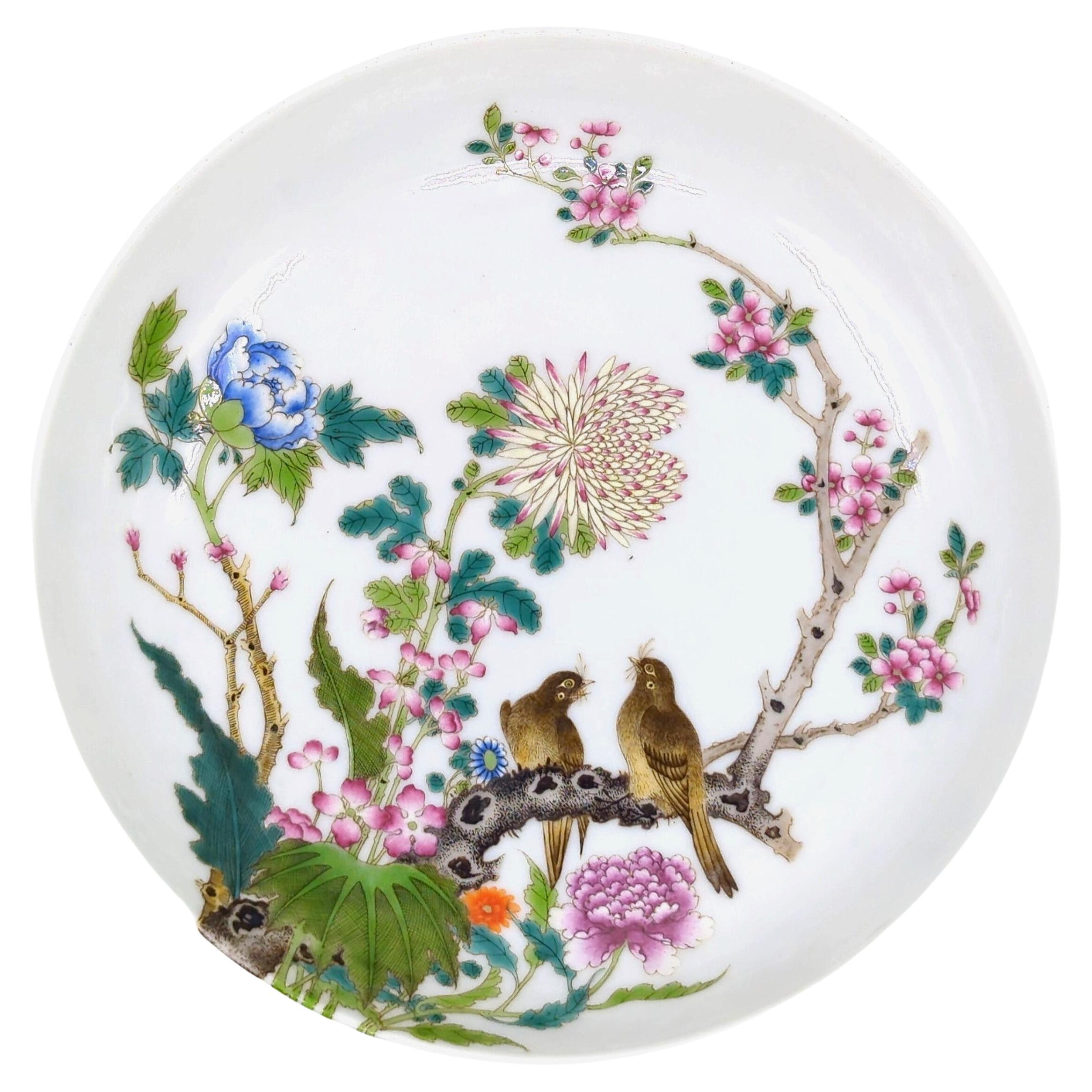 Finition d'assiette en porcelaine chinoise Falangcai émaillée Birds Blossoms Republic ROC 20c 
