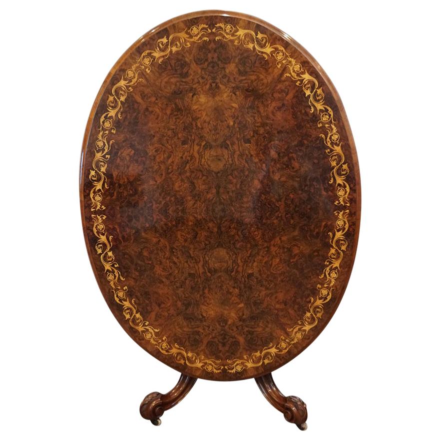 Finest English Burl Walnut Inlaid Dining Table For Sale