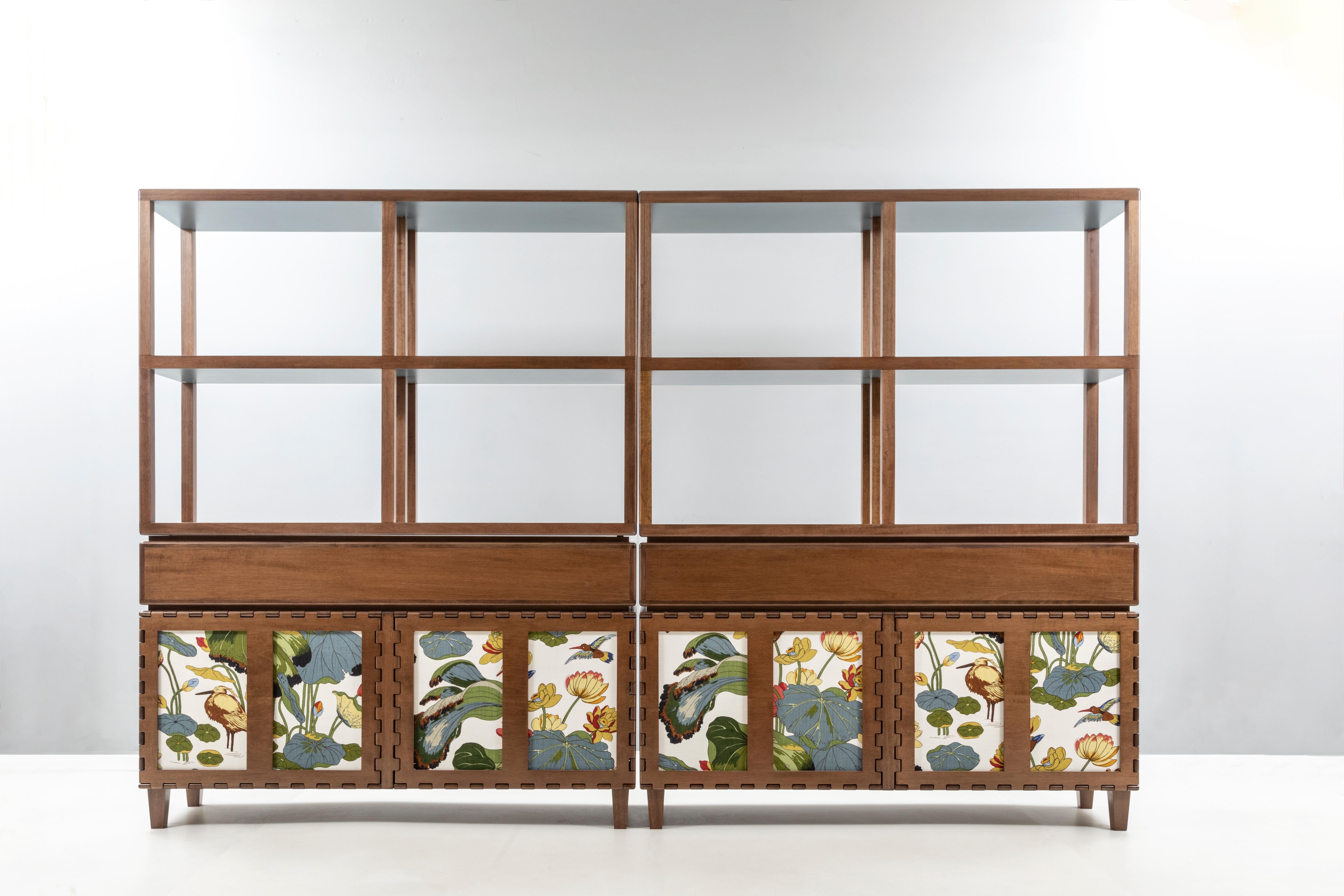 Hand-Crafted Finest Handcrafted Interlocking Wood and Fabric Panels Sideboard For Sale