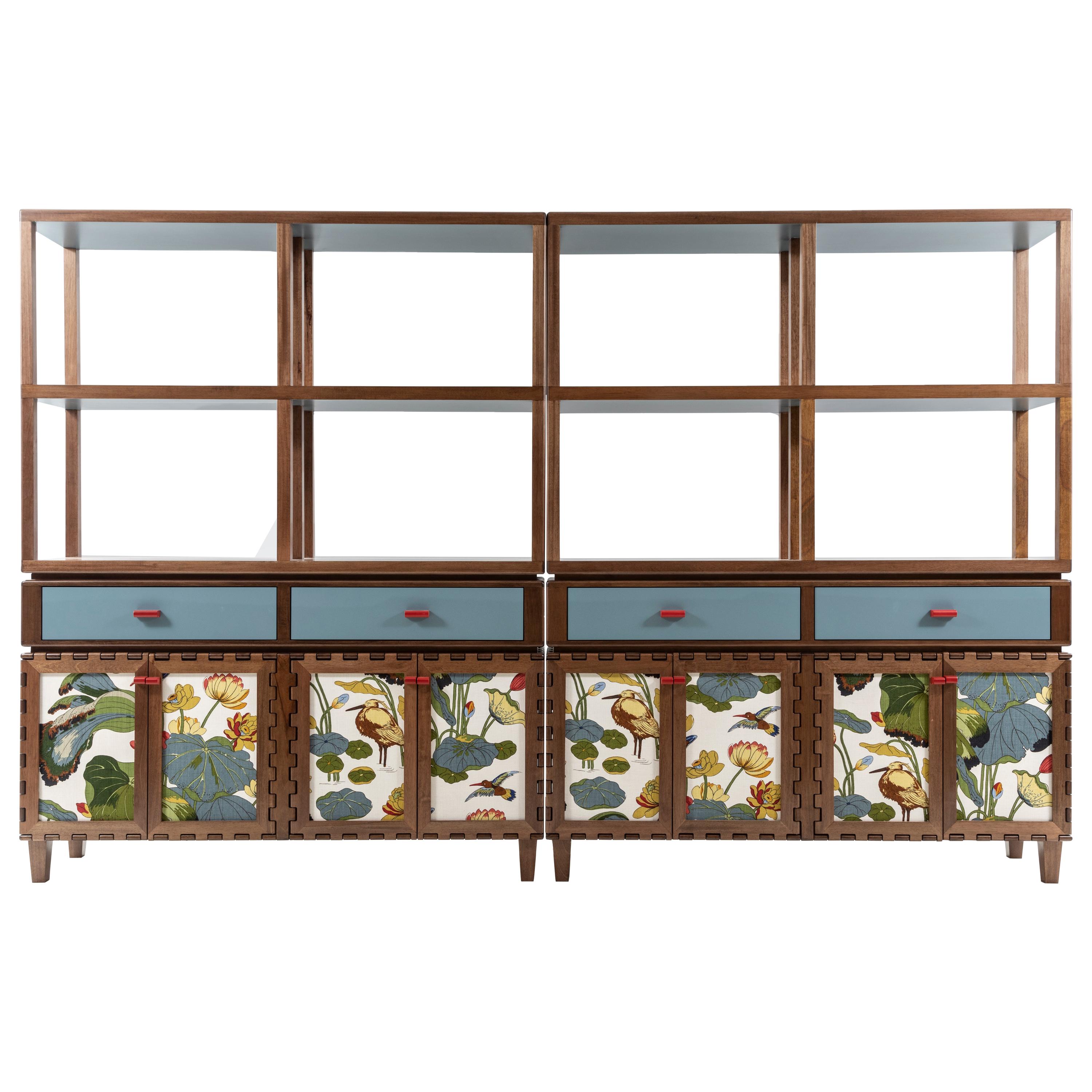 Finest Handcrafted Interlocking Wood and Fabric Panels Sideboard For Sale