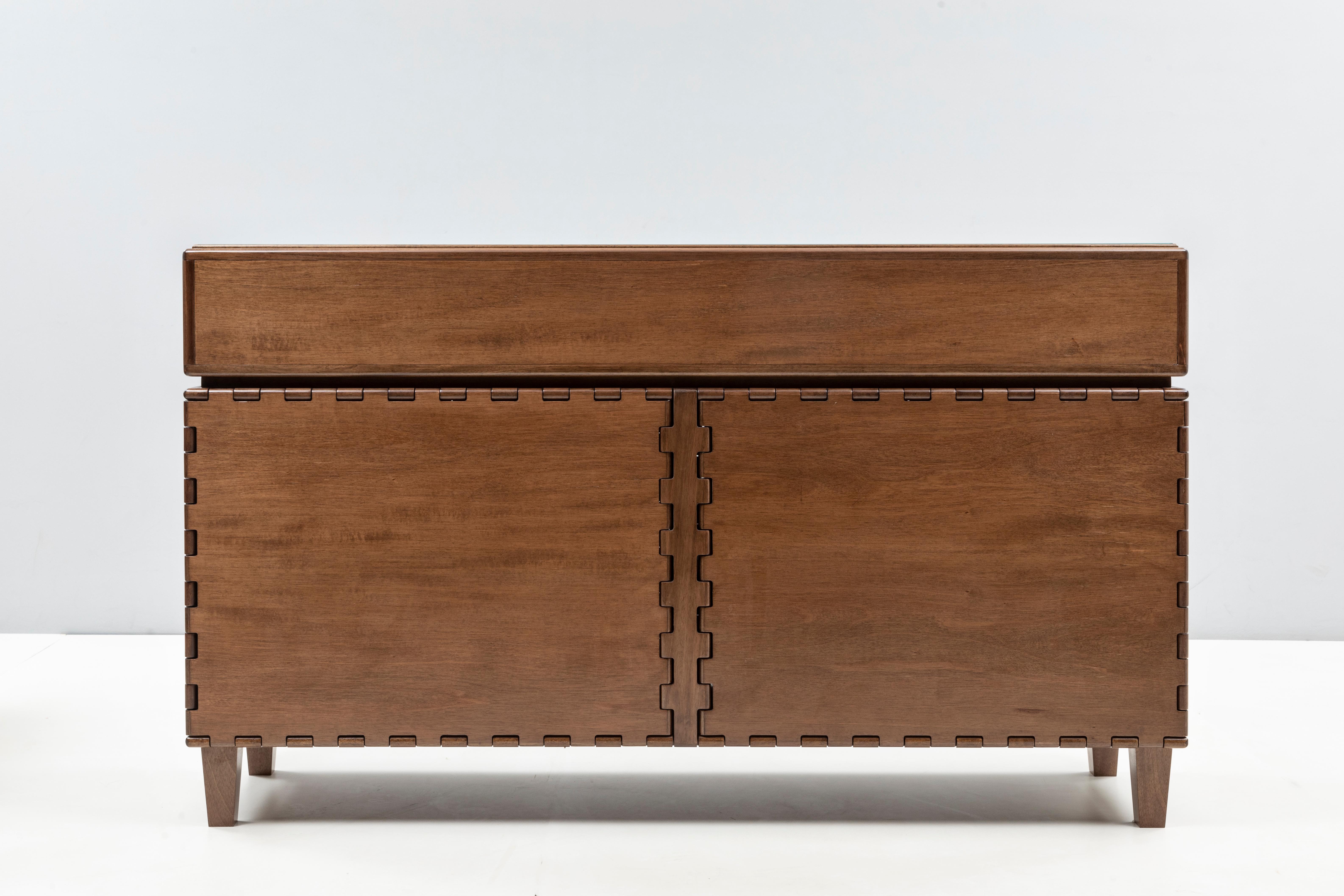 Contemporary Finest Handcrafted Interlocking Wood Fabric Panels Long Sideboard For Sale