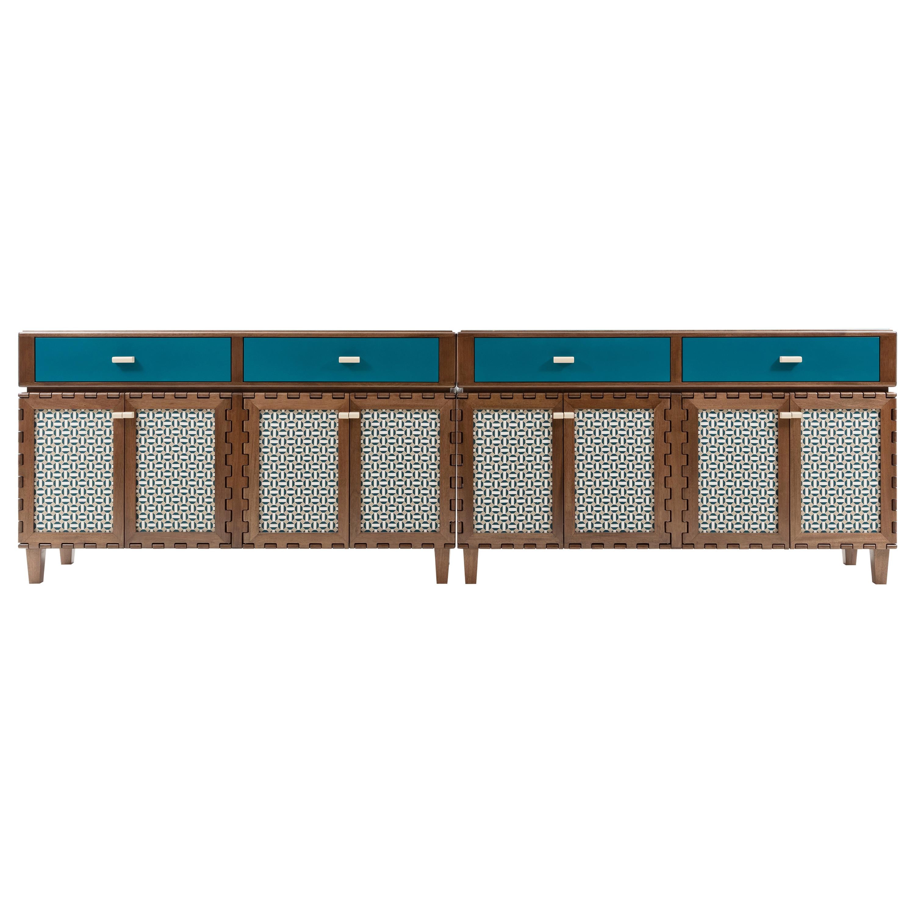 Finest Handcrafted Interlocking Wood Fabric Panels Long Sideboard For Sale
