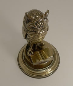 Finest Large Antique Austrian Brass Novelty Inkwell, Reading Owl, circa 1890