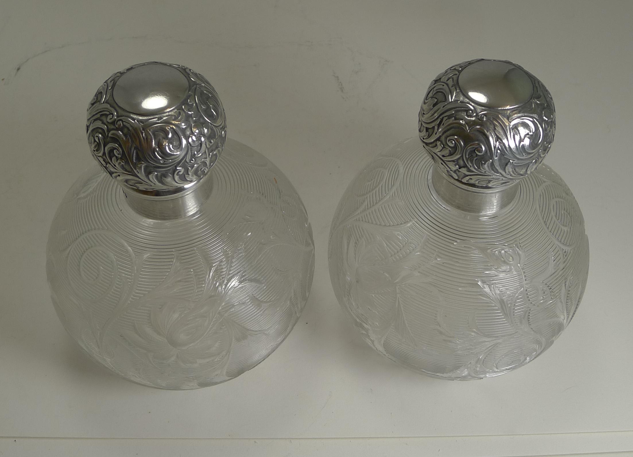 Finest Pair of Antique English Sterling Topped Perfume Bottles by Asprey, London 3