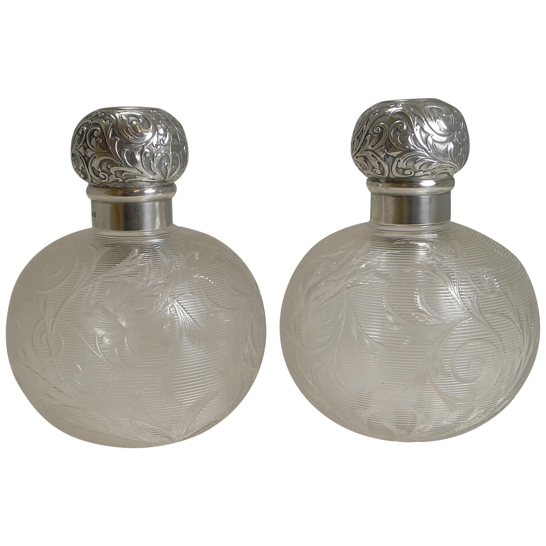 Finest Pair of Antique English Sterling Topped Perfume Bottles by Asprey, London