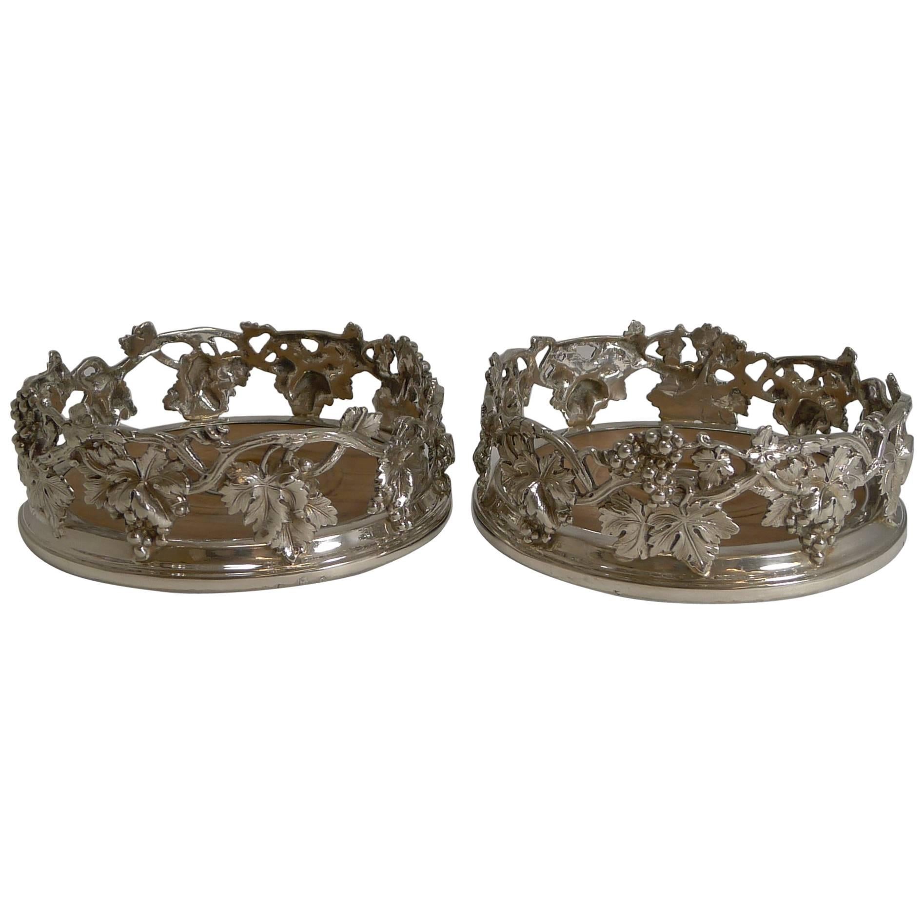 Finest Pair of Antique English Silver Plate Wine Coasters by Elkington, 1854