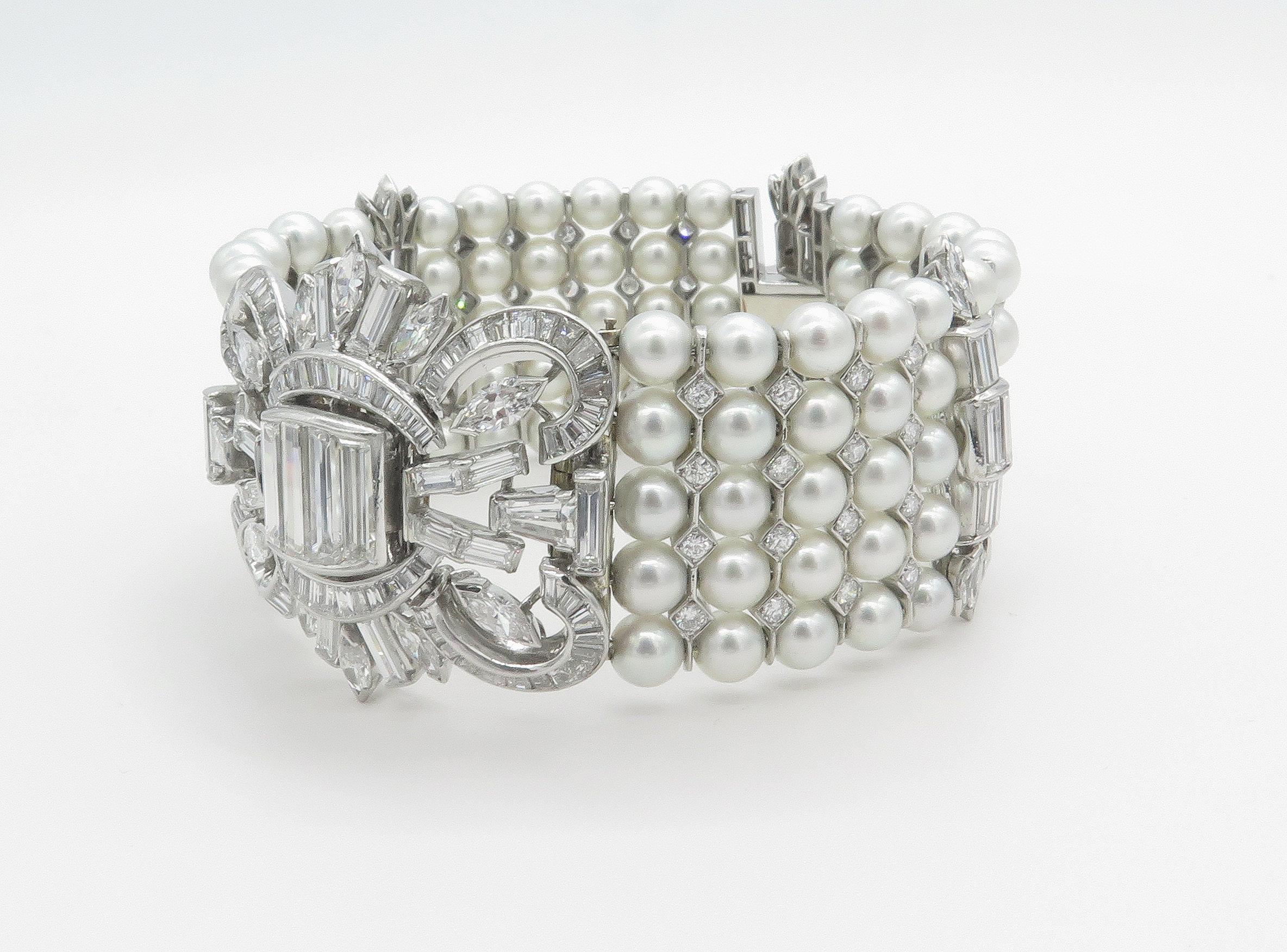 One of the finest pearl and diamond bracelets we have been lucky enough to offer. This platinum pearl and diamond bracelet contains on or about 15 carats of Fine quality diamonds and 5mm cultured pearls. 7 inches long . It boasts a beautiful diamond