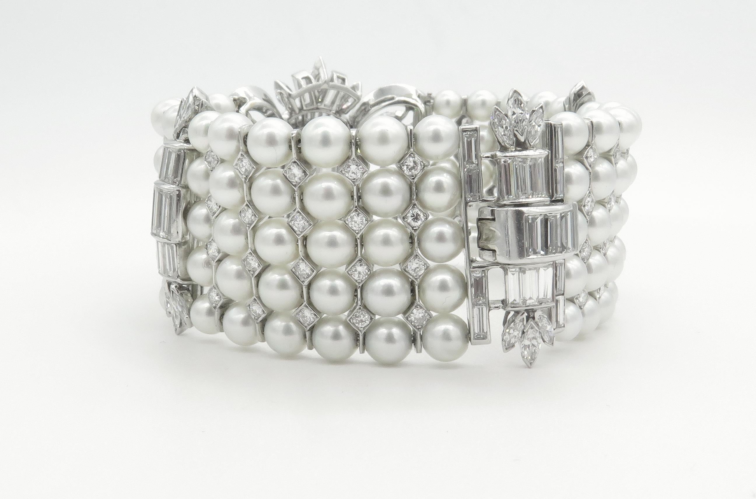 Round Cut Finest Pearl Diamond Platinum Bracelet Converts to Brooch
