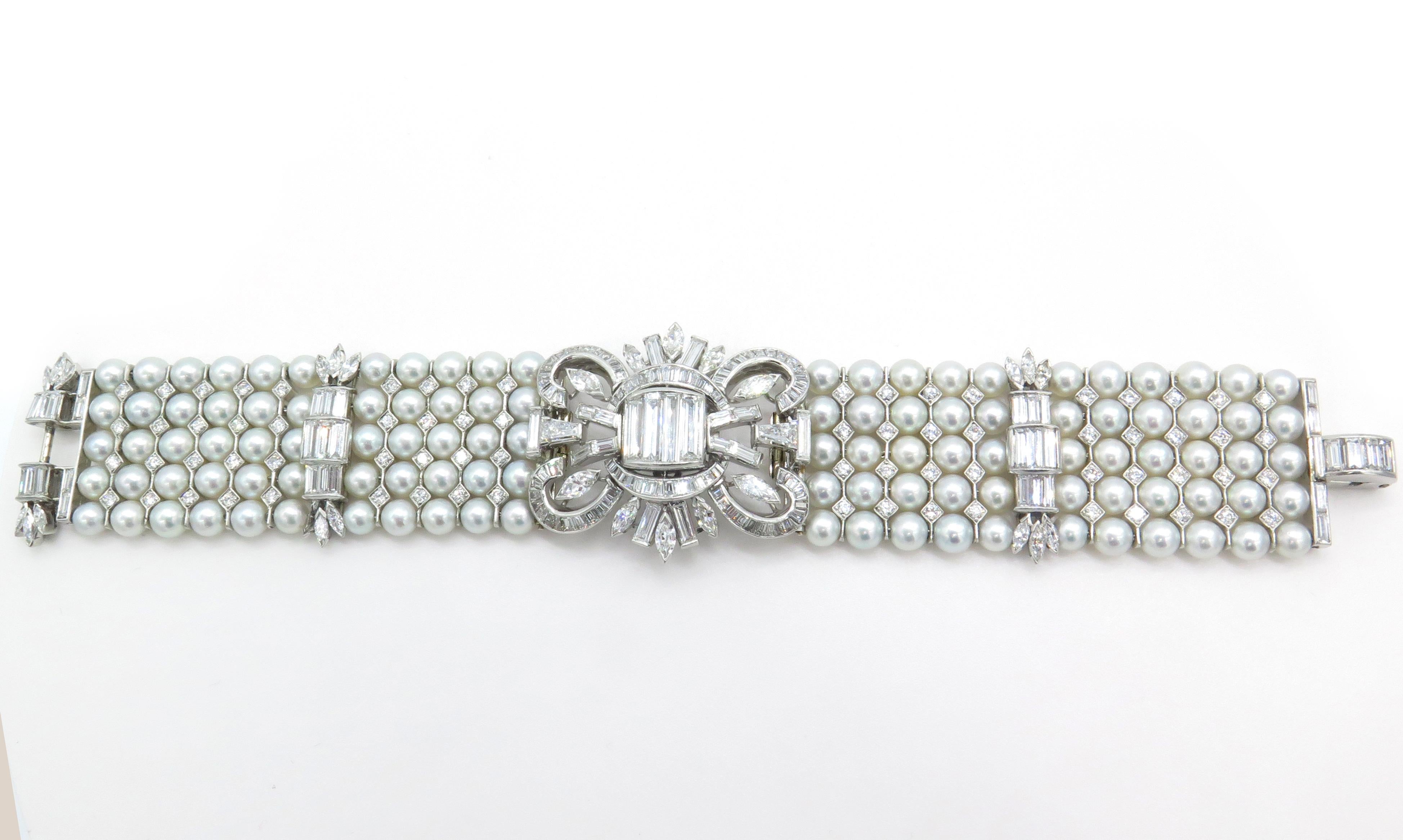 Finest Pearl Diamond Platinum Bracelet Converts to Brooch In Excellent Condition In West Palm Beach, FL