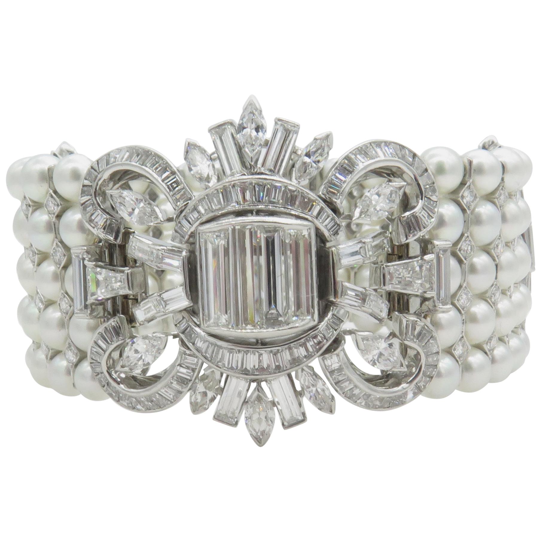 Finest Pearl Diamond Platinum Bracelet Converts to Brooch