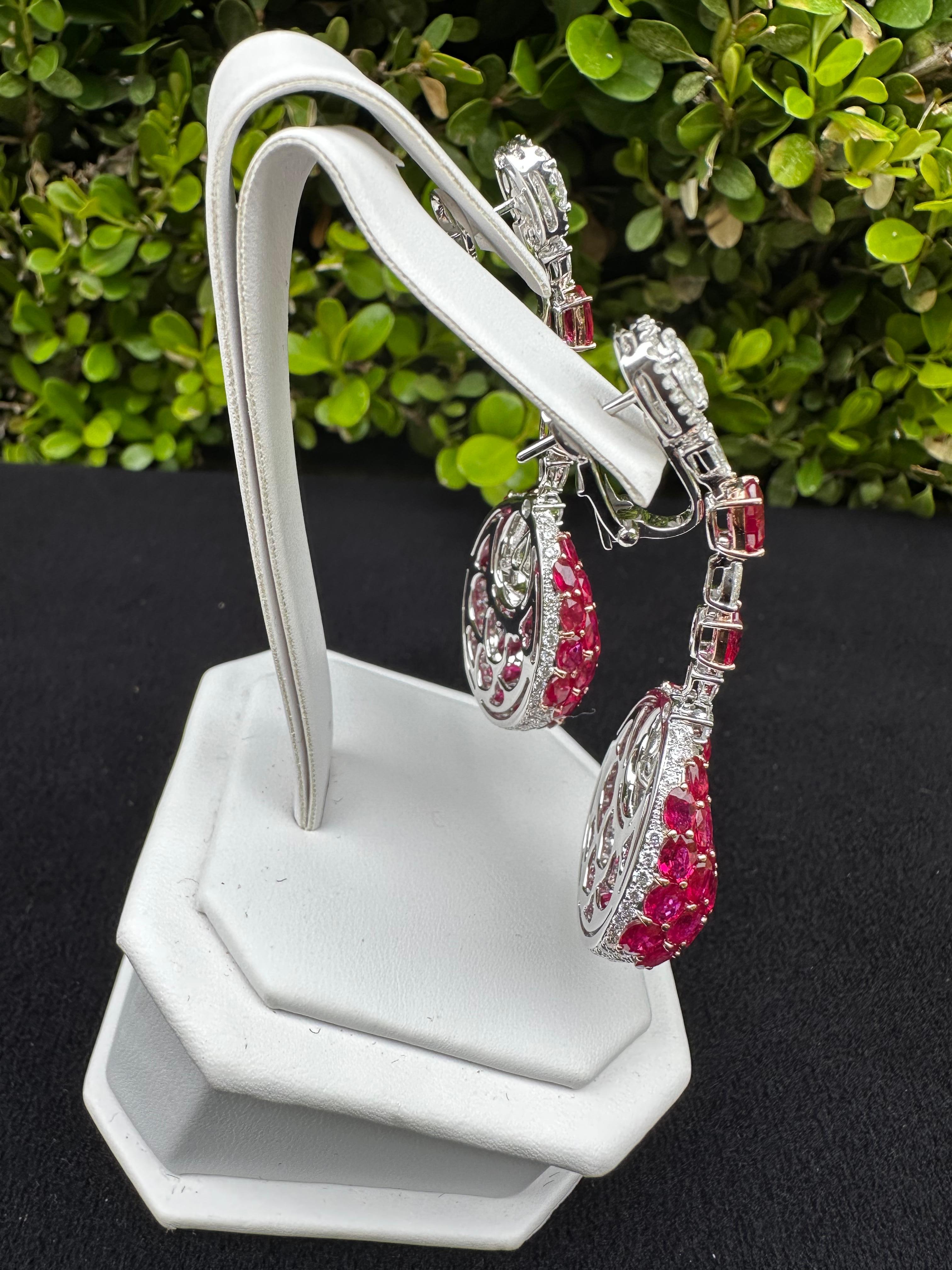 Artisan  Finest Quality 35 Carat Burmese Ruby and D Color Diamond 18 Karat Gold Earrings