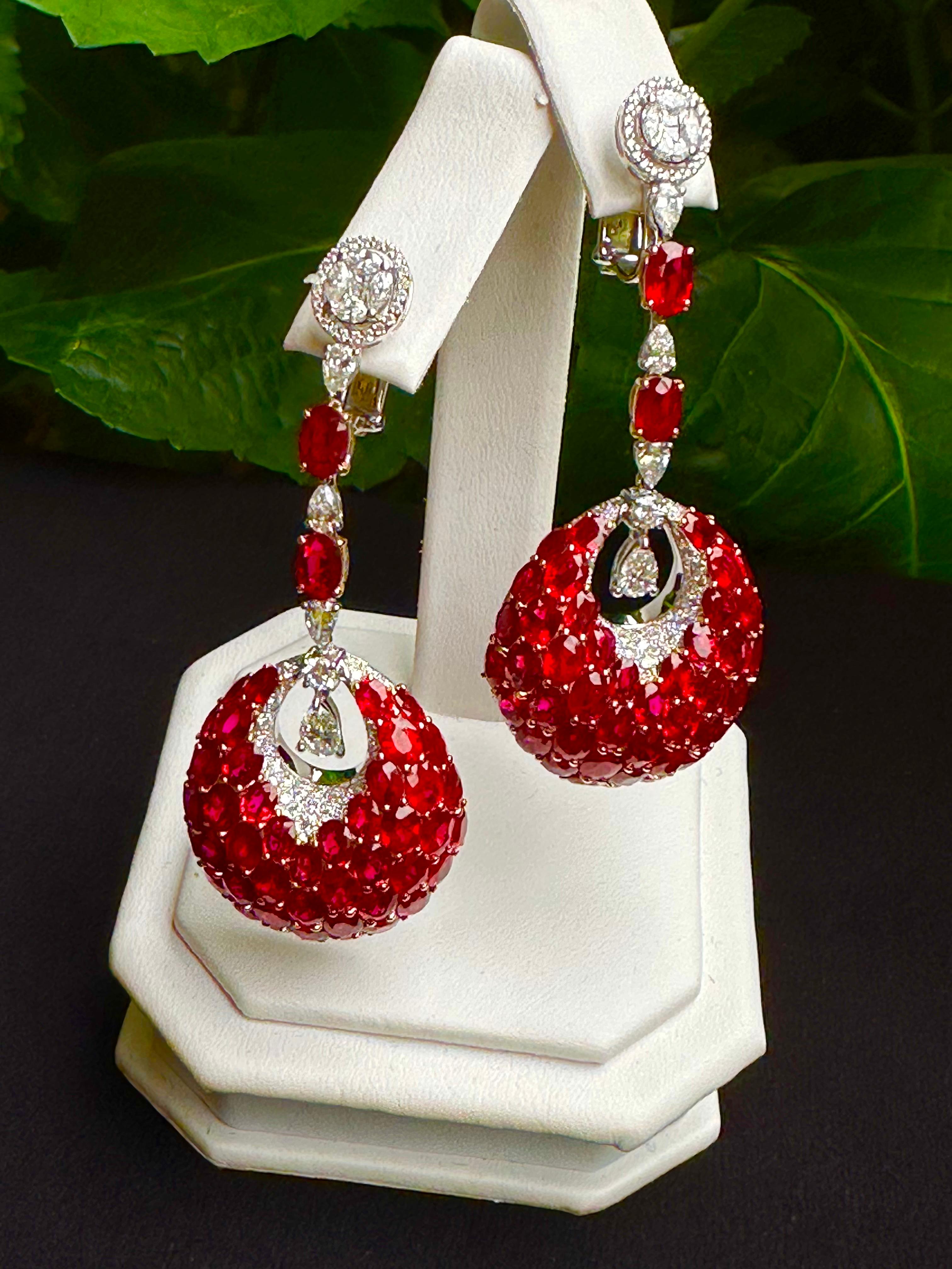  Finest Quality 35 Carat Burmese Ruby and D Color Diamond 18 Karat Gold Earrings In Excellent Condition In Tustin, CA