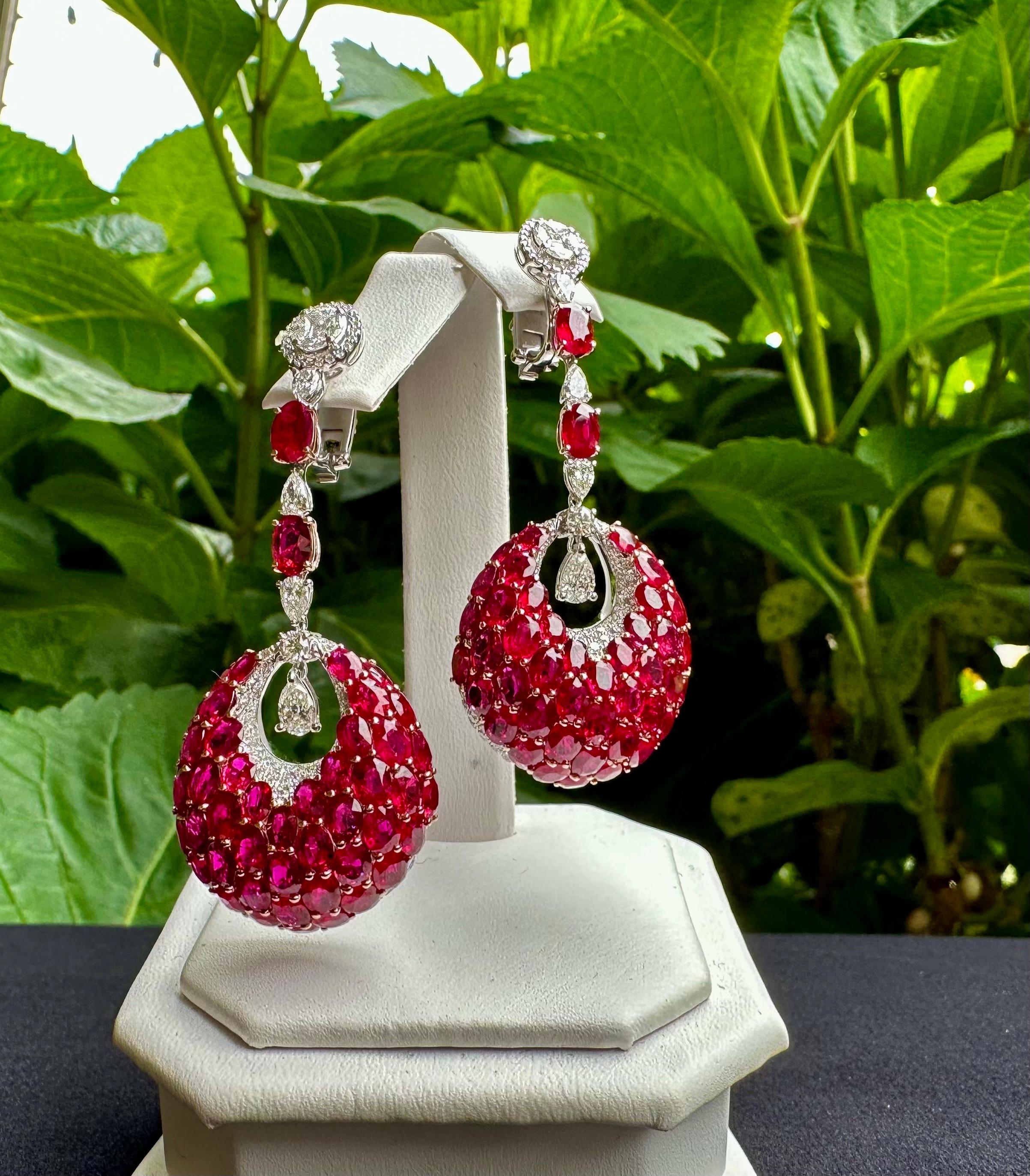 Women's  Finest Quality 35 Carat Burmese Ruby and D Color Diamond 18 Karat Gold Earrings