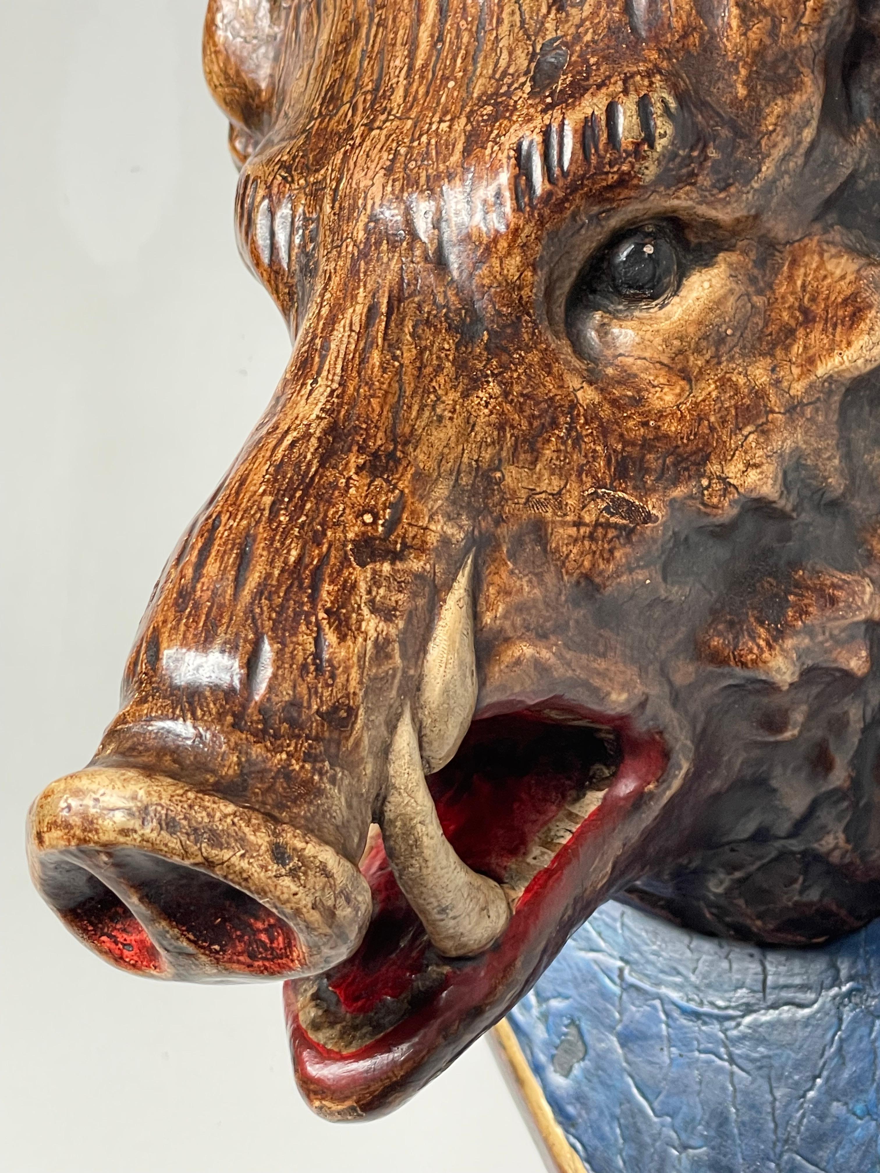 Finest Quality Antique Hand Carved & Painted Black Forest Boar / Hog Sculpture For Sale 6