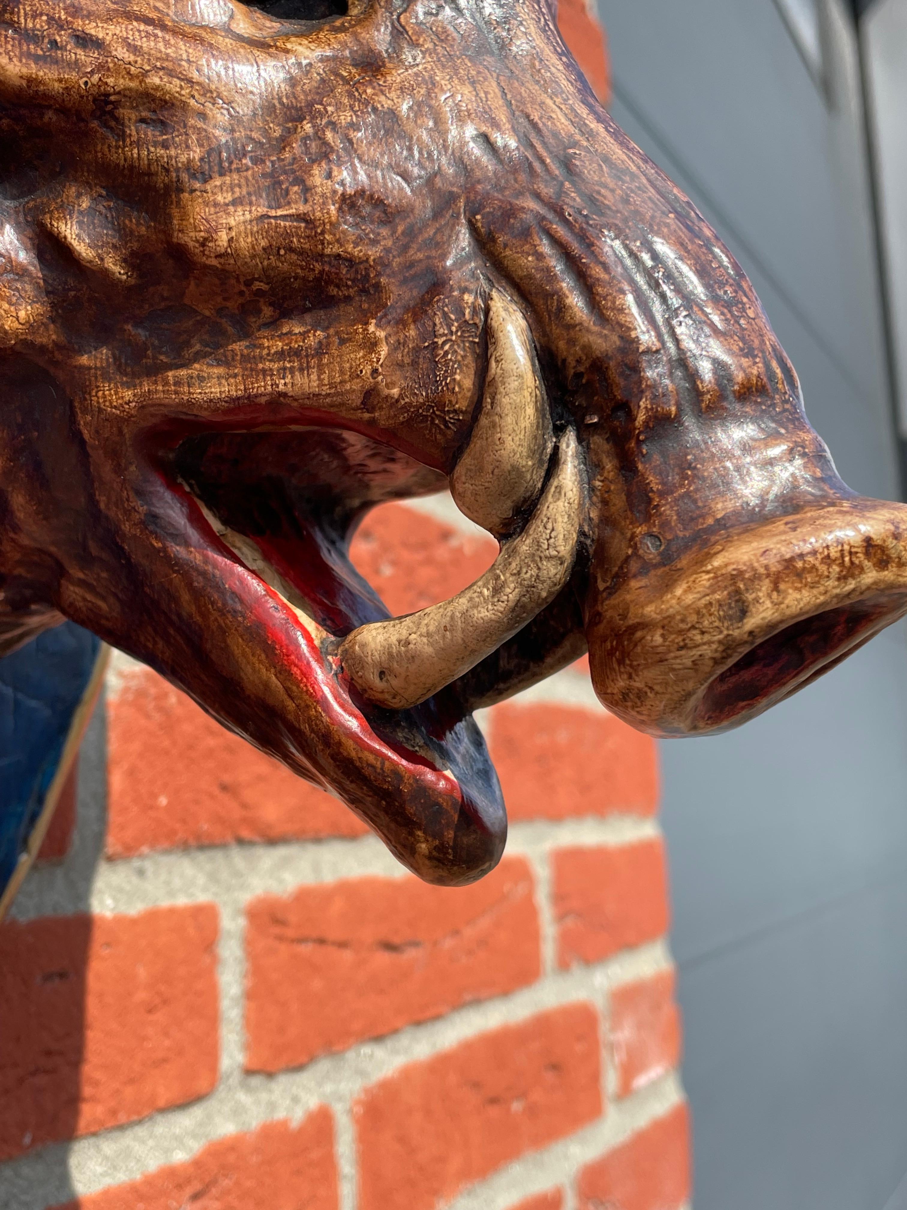 Finest Quality Antique Hand Carved & Painted Black Forest Boar / Hog Sculpture For Sale 9