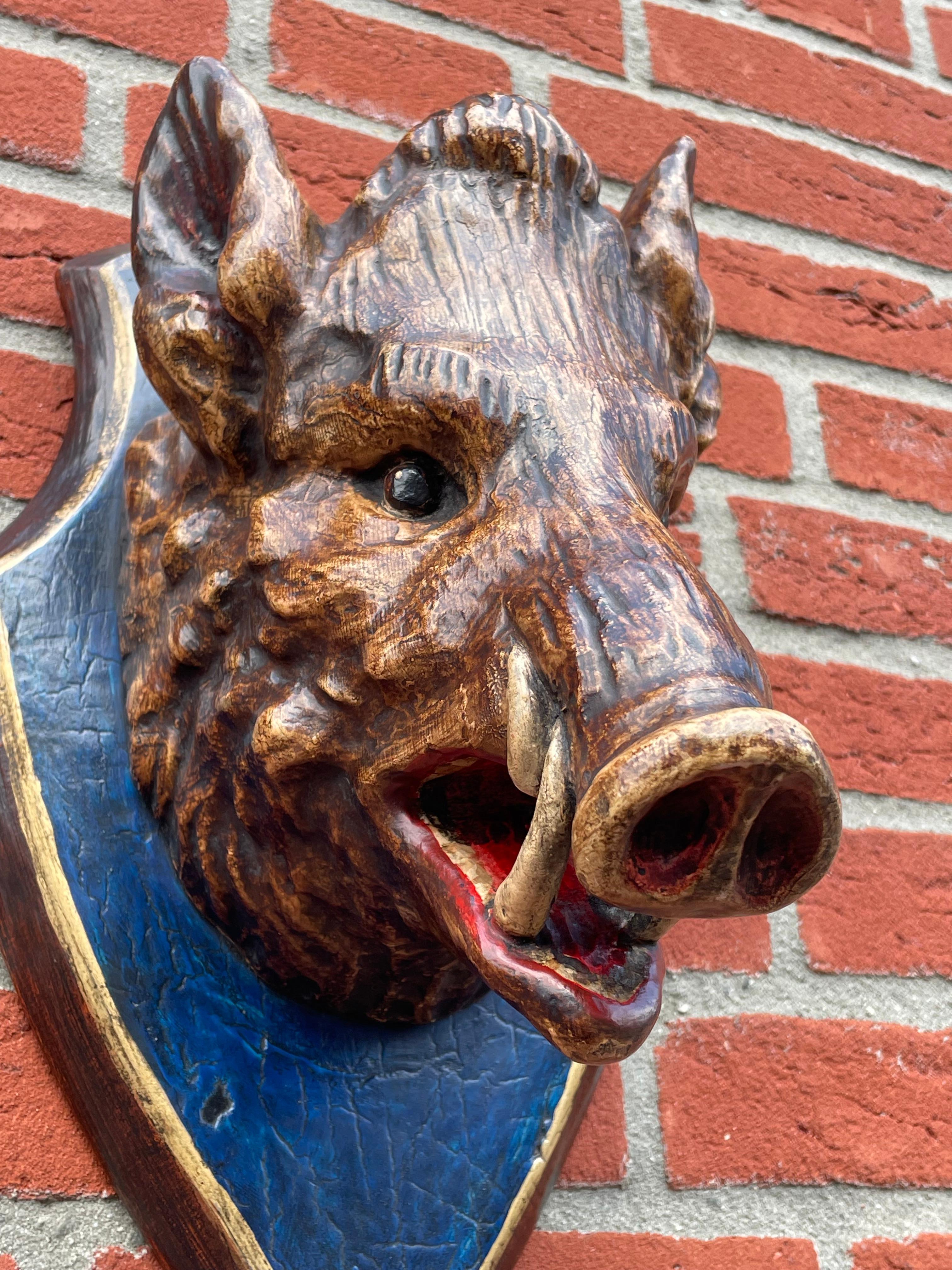German Finest Quality Antique Hand Carved & Painted Black Forest Boar / Hog Sculpture For Sale
