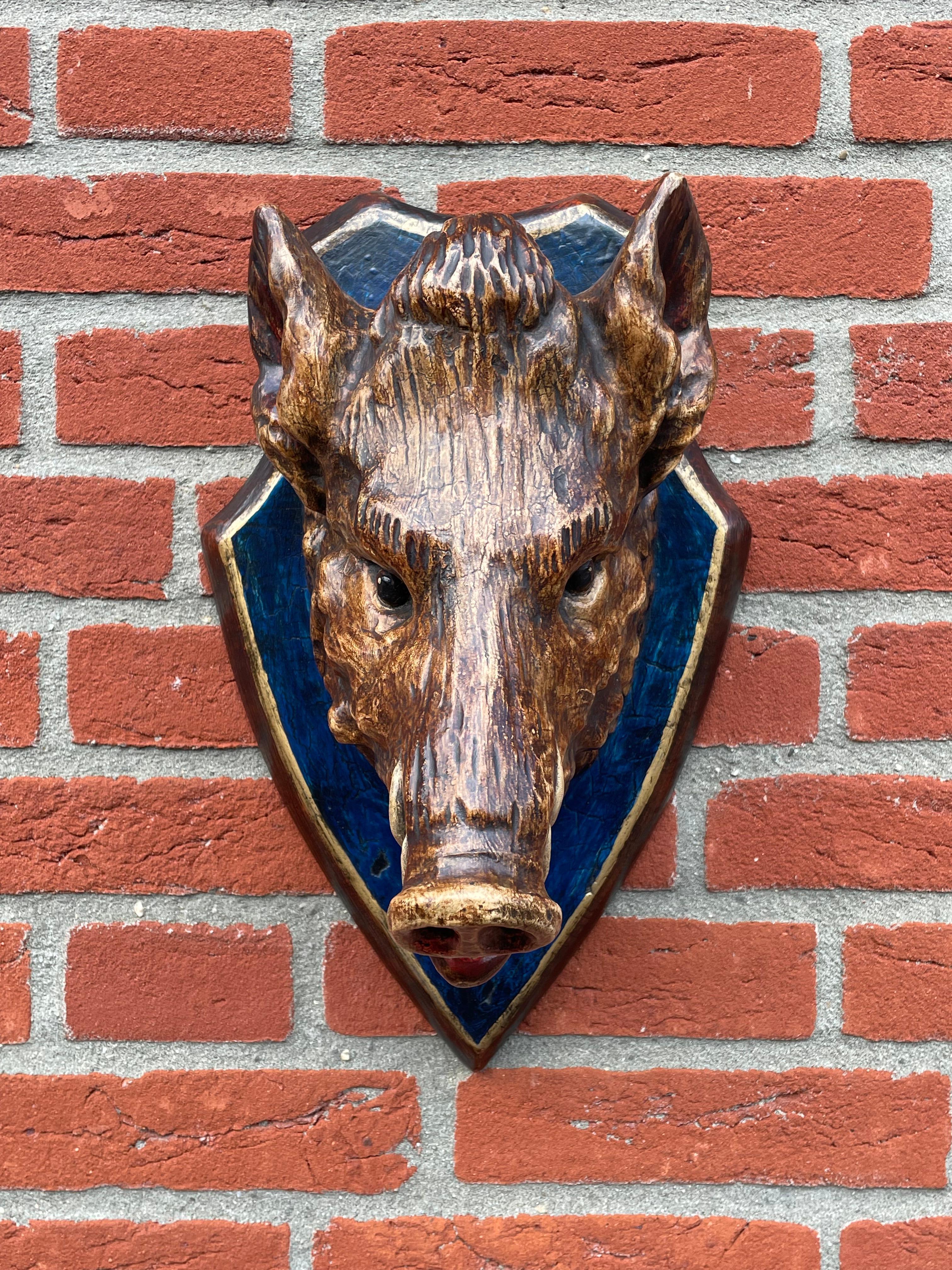 Metal Finest Quality Antique Hand Carved & Painted Black Forest Boar / Hog Sculpture For Sale