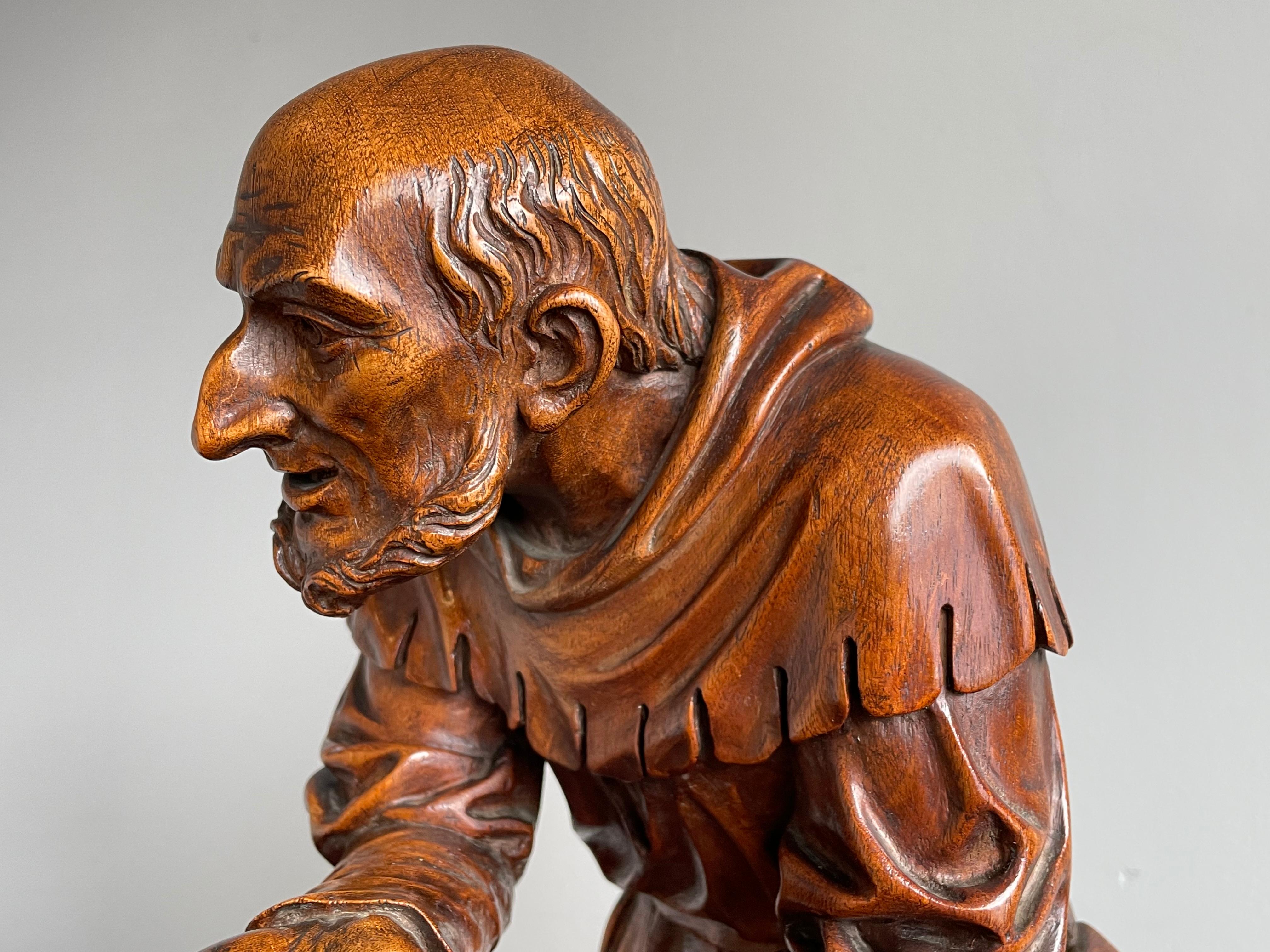 Finest Quality, Antique Hand Carved Nutwood Swiss Black Forest Beggar Sculpture For Sale 5