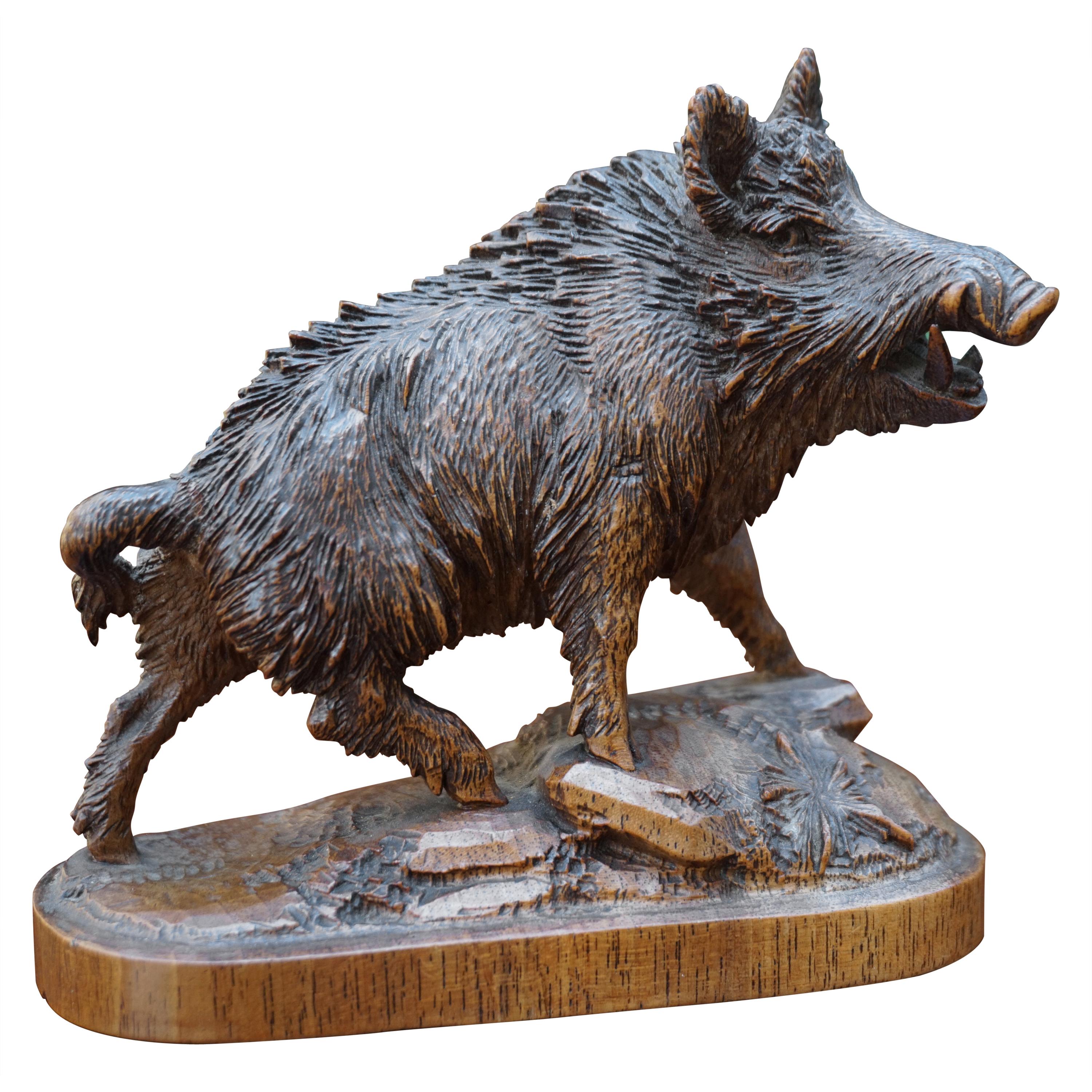 Finest Quality, Antique Hand Carved Nutwood Swiss Black Forest Boar Sculpture