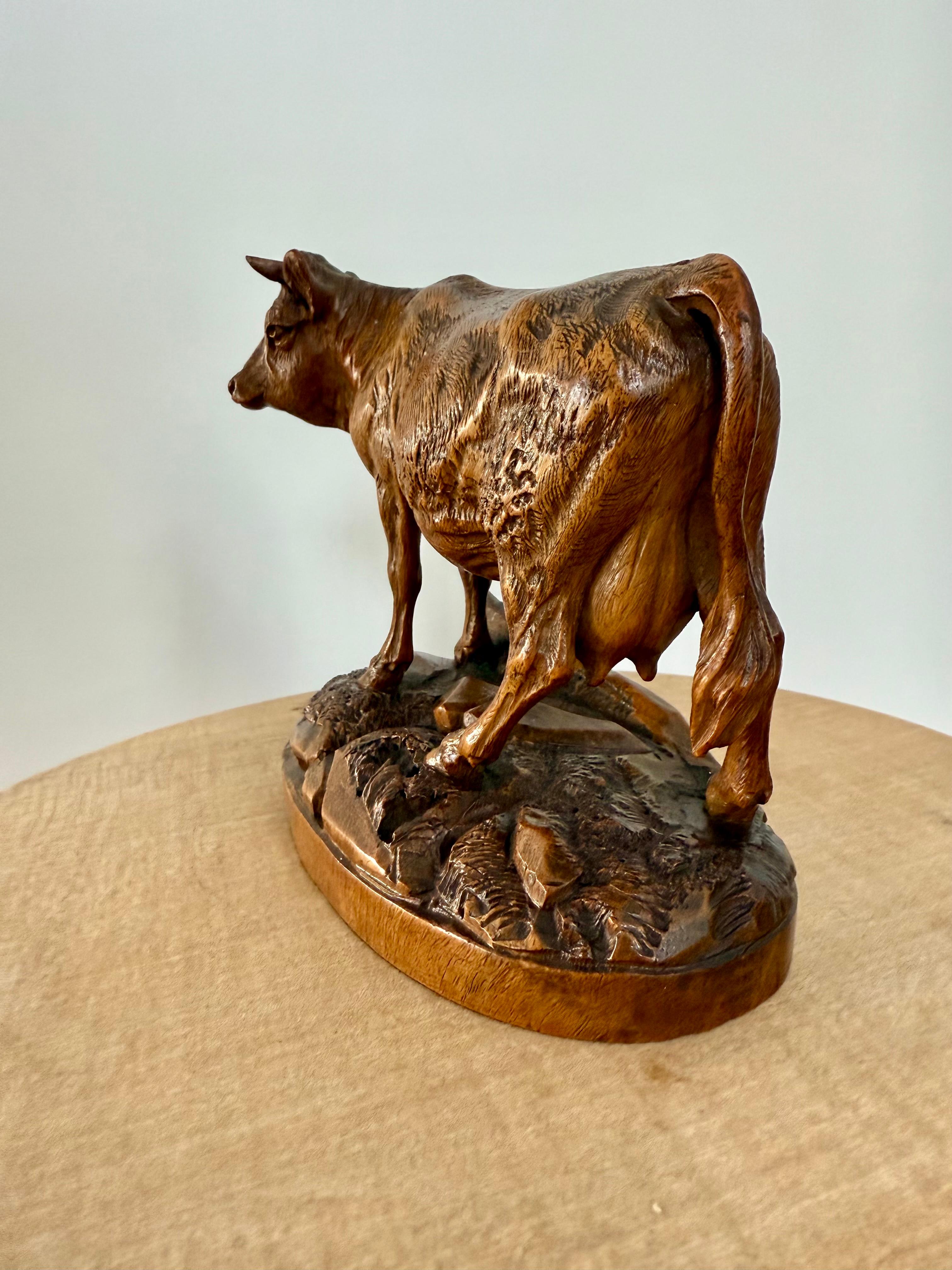 Finest Quality, Antique Hand Carved Nutwood Swiss Black Forest Cow Sculpture For Sale 8