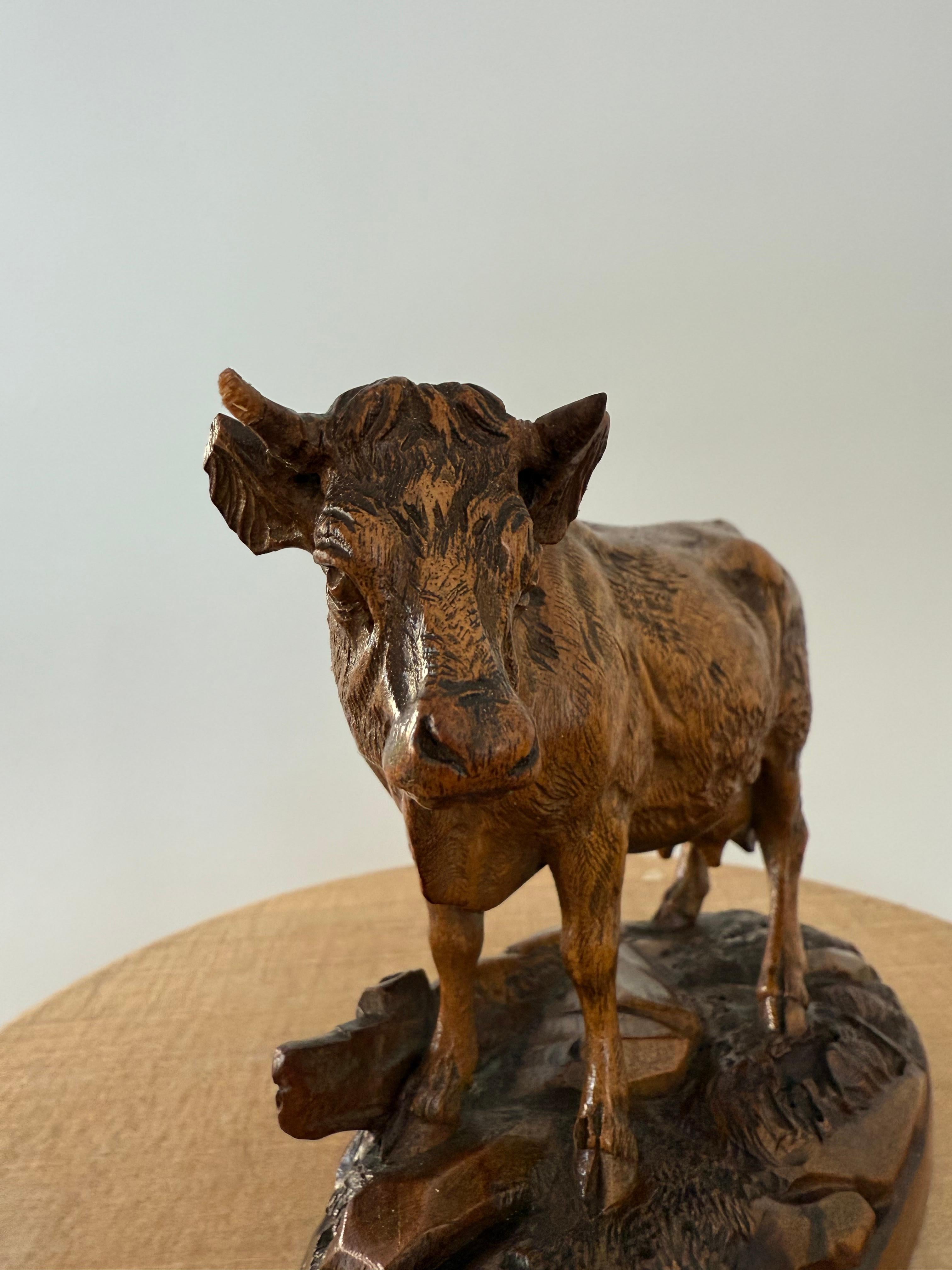 Finest Quality, Antique Hand Carved Nutwood Swiss Black Forest Cow Sculpture For Sale 13