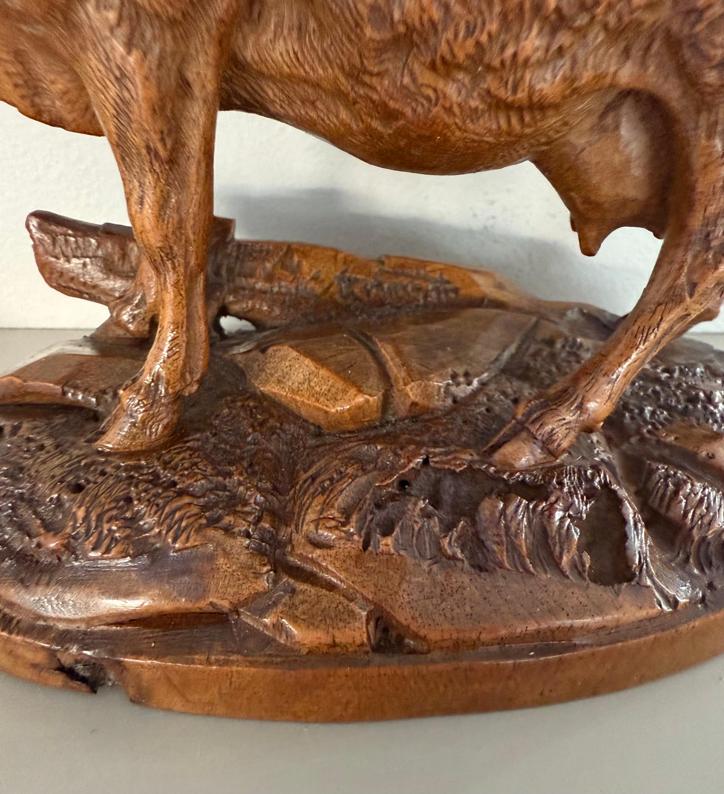 19th Century Finest Quality, Antique Hand Carved Nutwood Swiss Black Forest Cow Sculpture For Sale