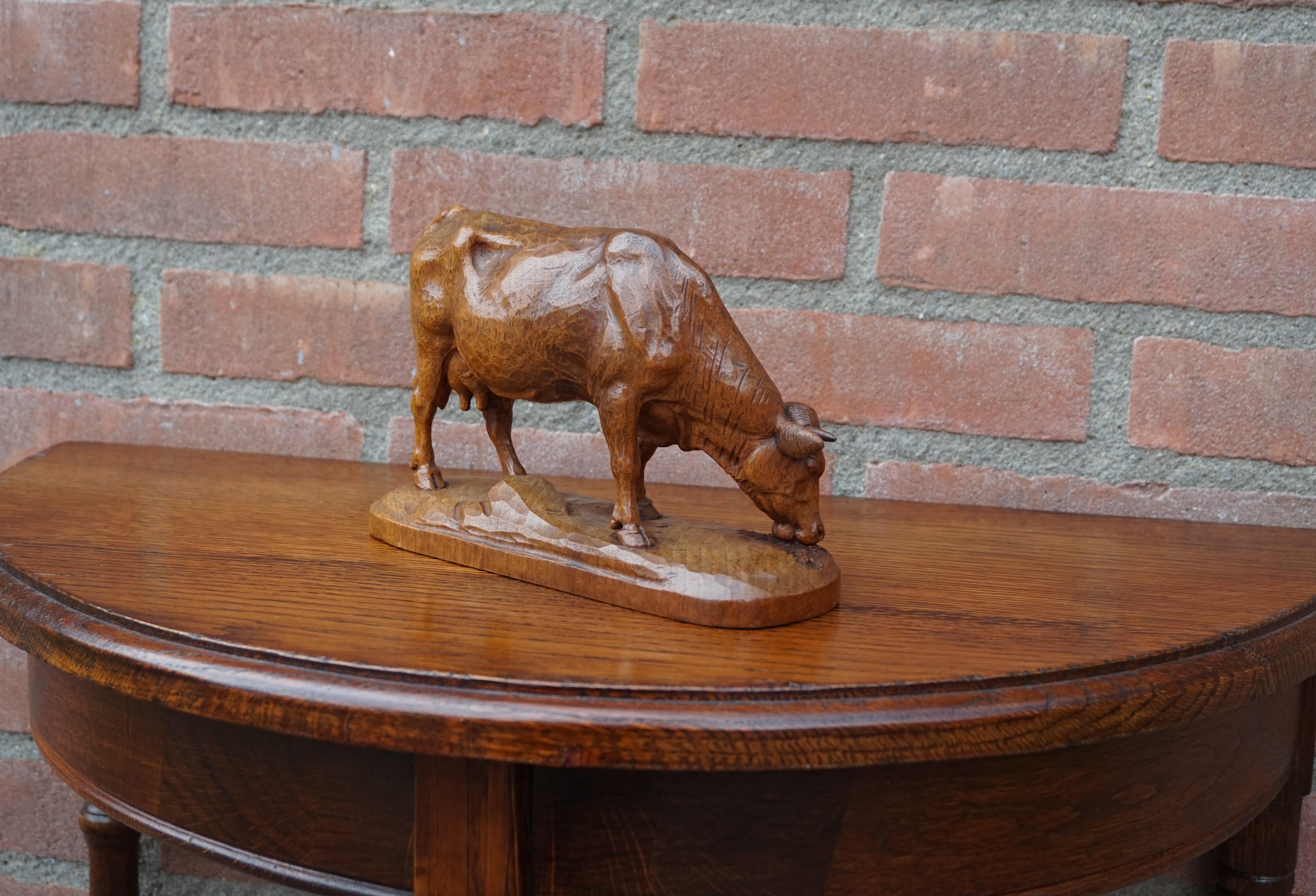 Hand-Crafted Finest Quality, Antique Hand Carved Nutwood Swiss Black Forest Cow Sculpture