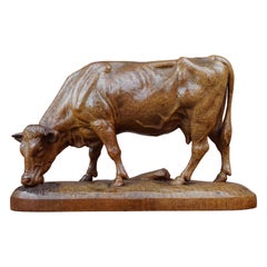 Finest Quality, Antique Hand Carved Nutwood Swiss Black Forest Cow Sculpture