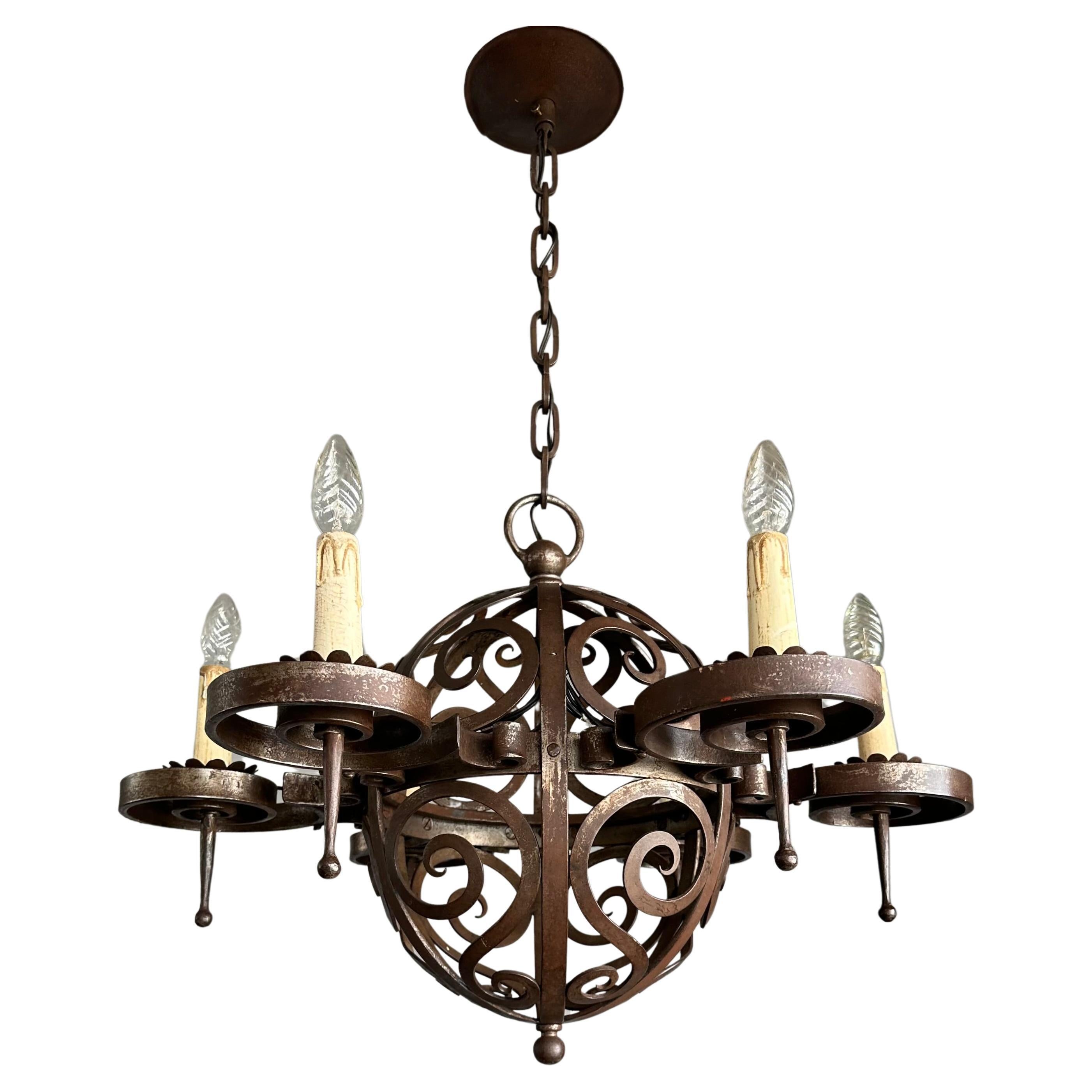 Superb Quality Workmanship Art Deco Wrought Iron Chandelier with Curled Shapes