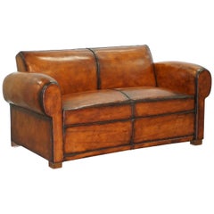 Vintage Finest Quality Art Deco Fully Restored Hand Dyed Brown Leather French Sofa Bed