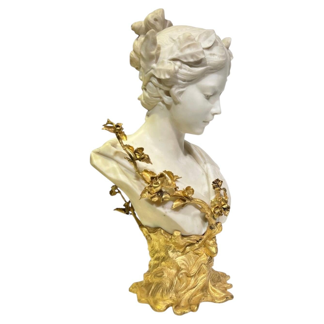 Finest quality Bacchante Italian White Marble Bust with Gilt Bronze Mounts