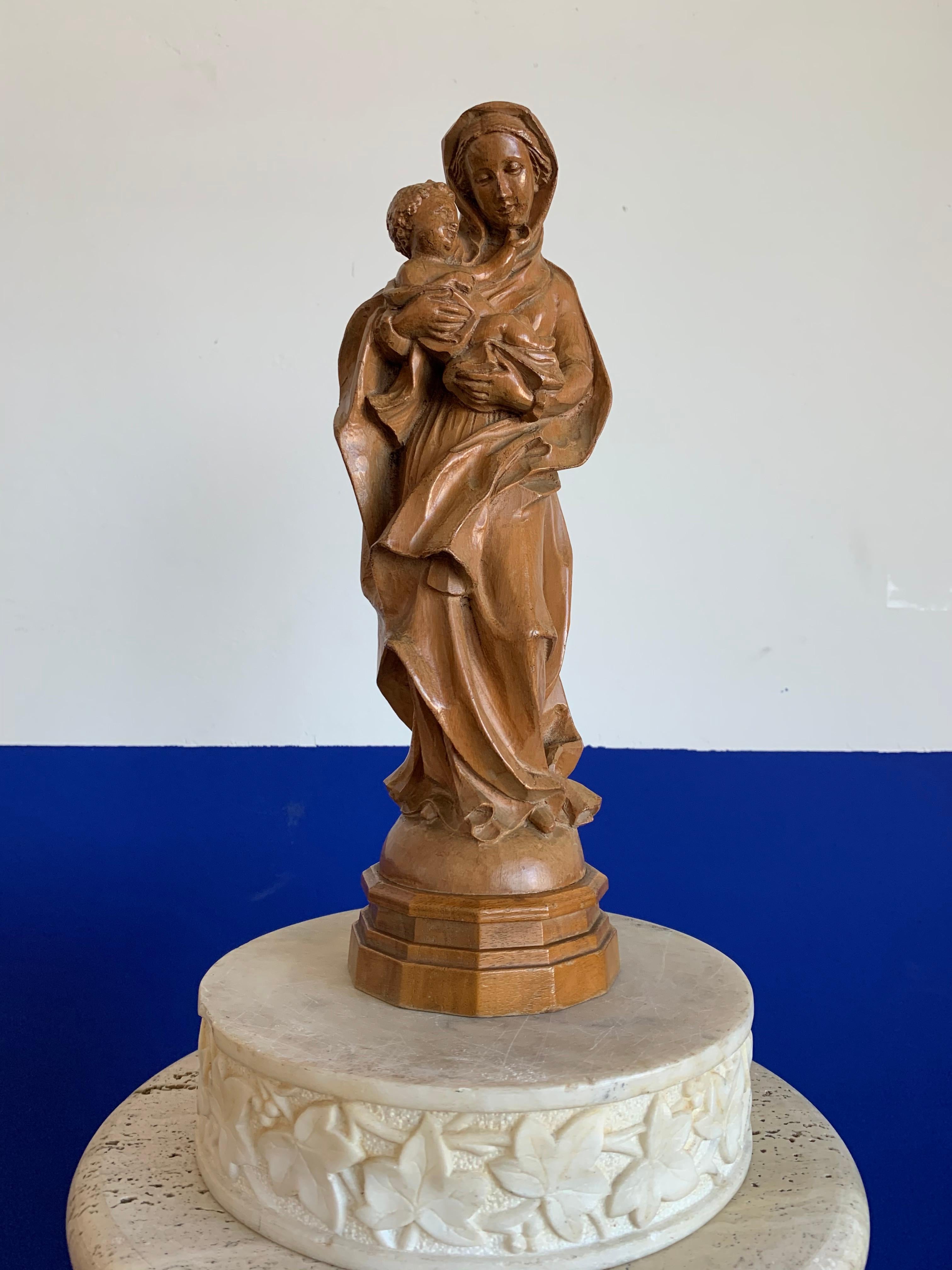 Hand-Carved Finest Quality Carved, Baroque Style Statuette of Holy Mary Holding Baby Jesus