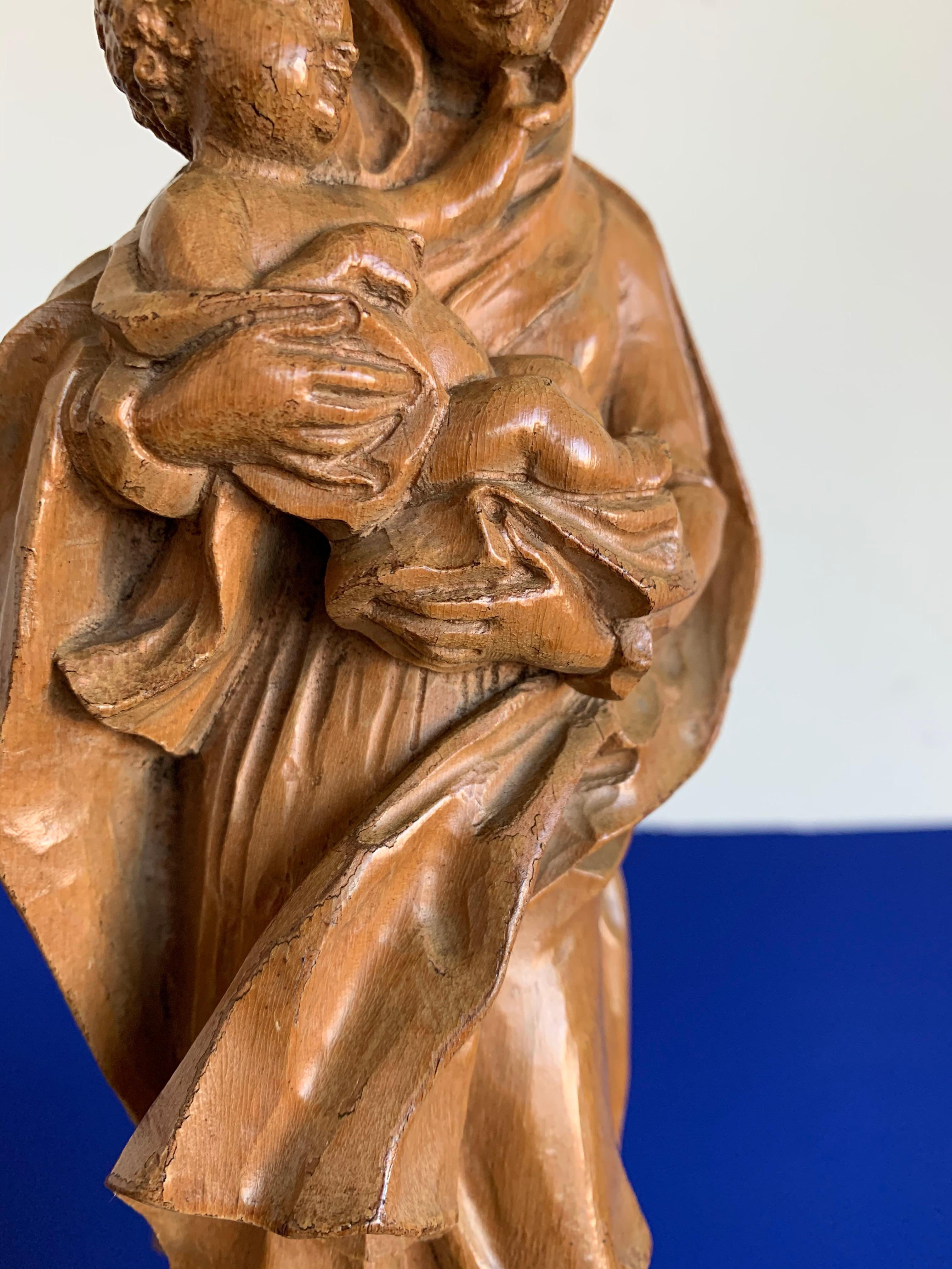20th Century Finest Quality Carved, Baroque Style Statuette of Holy Mary Holding Baby Jesus