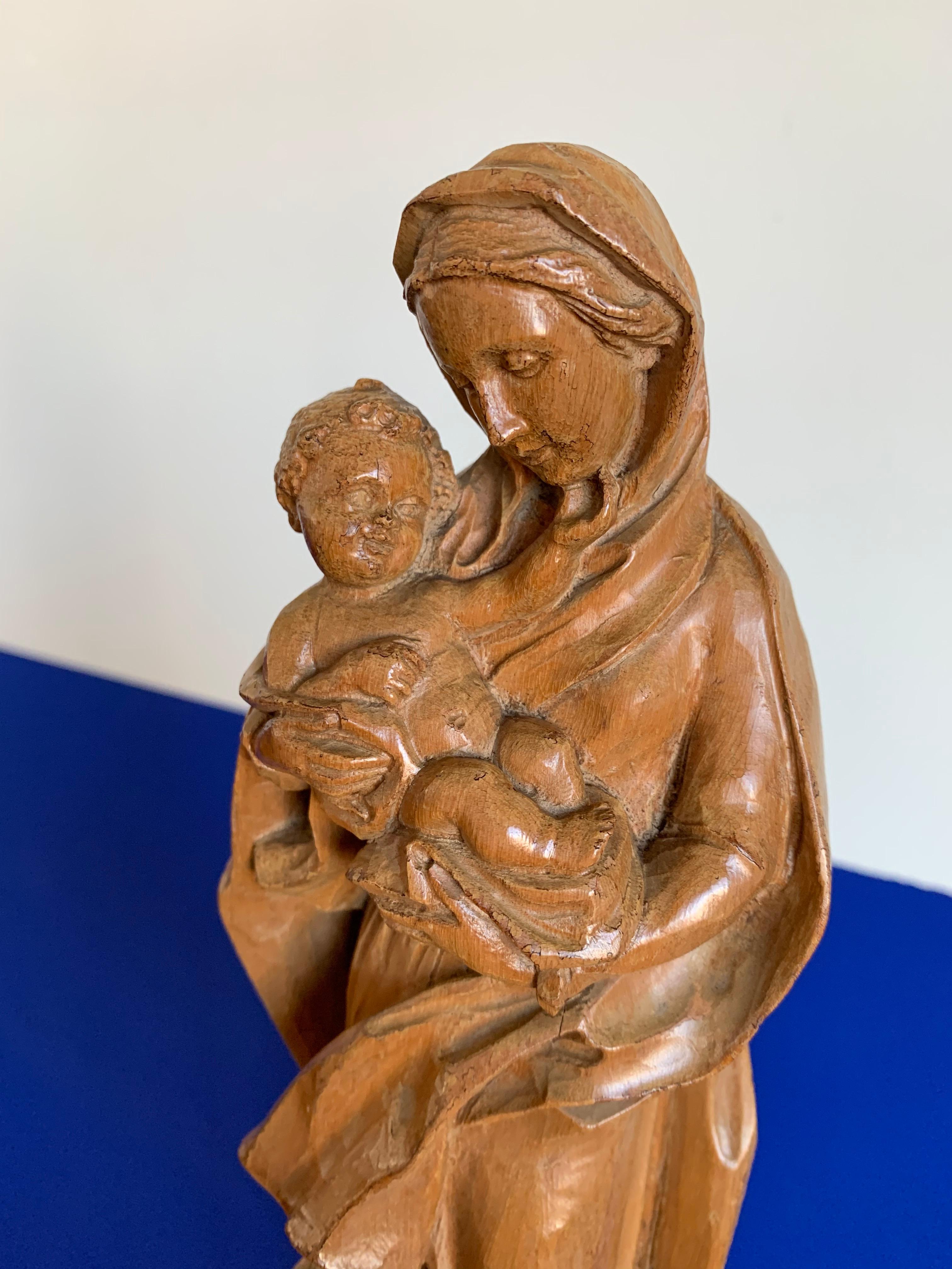 Wood Finest Quality Carved, Baroque Style Statuette of Holy Mary Holding Baby Jesus