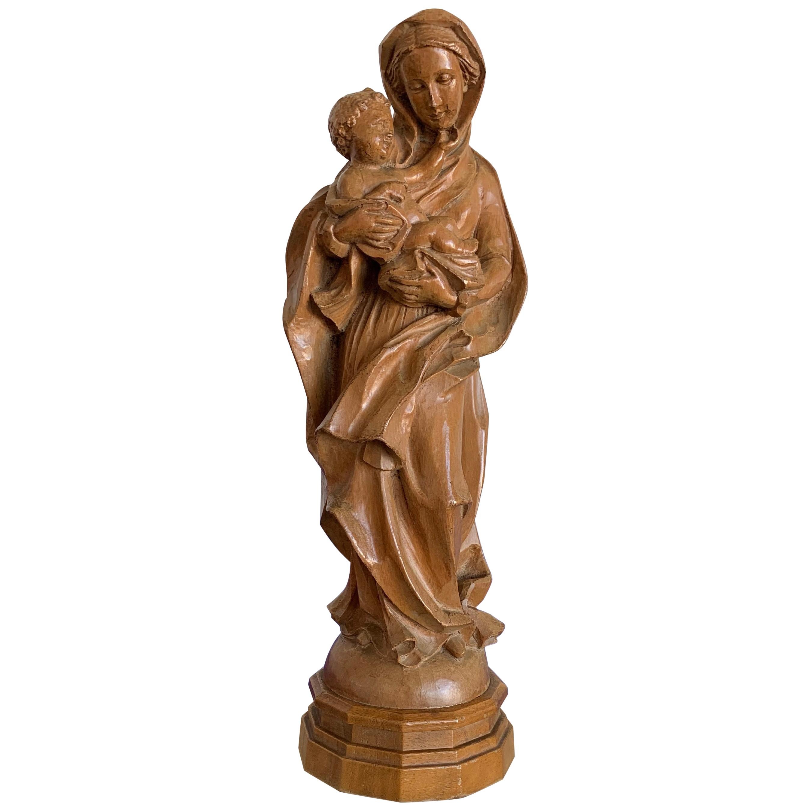 Finest Quality Carved, Baroque Style Statuette of Holy Mary Holding Baby Jesus
