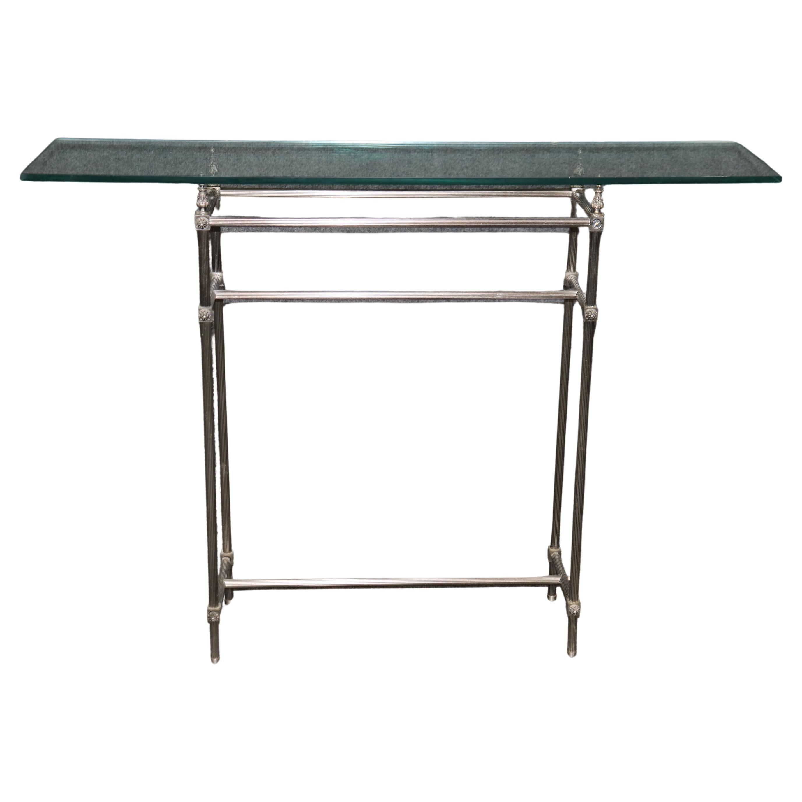 Französischer Directoire-Konsolentisch in höchster Qualität aus Stahl und Glas in schirmförmiger Tiefe