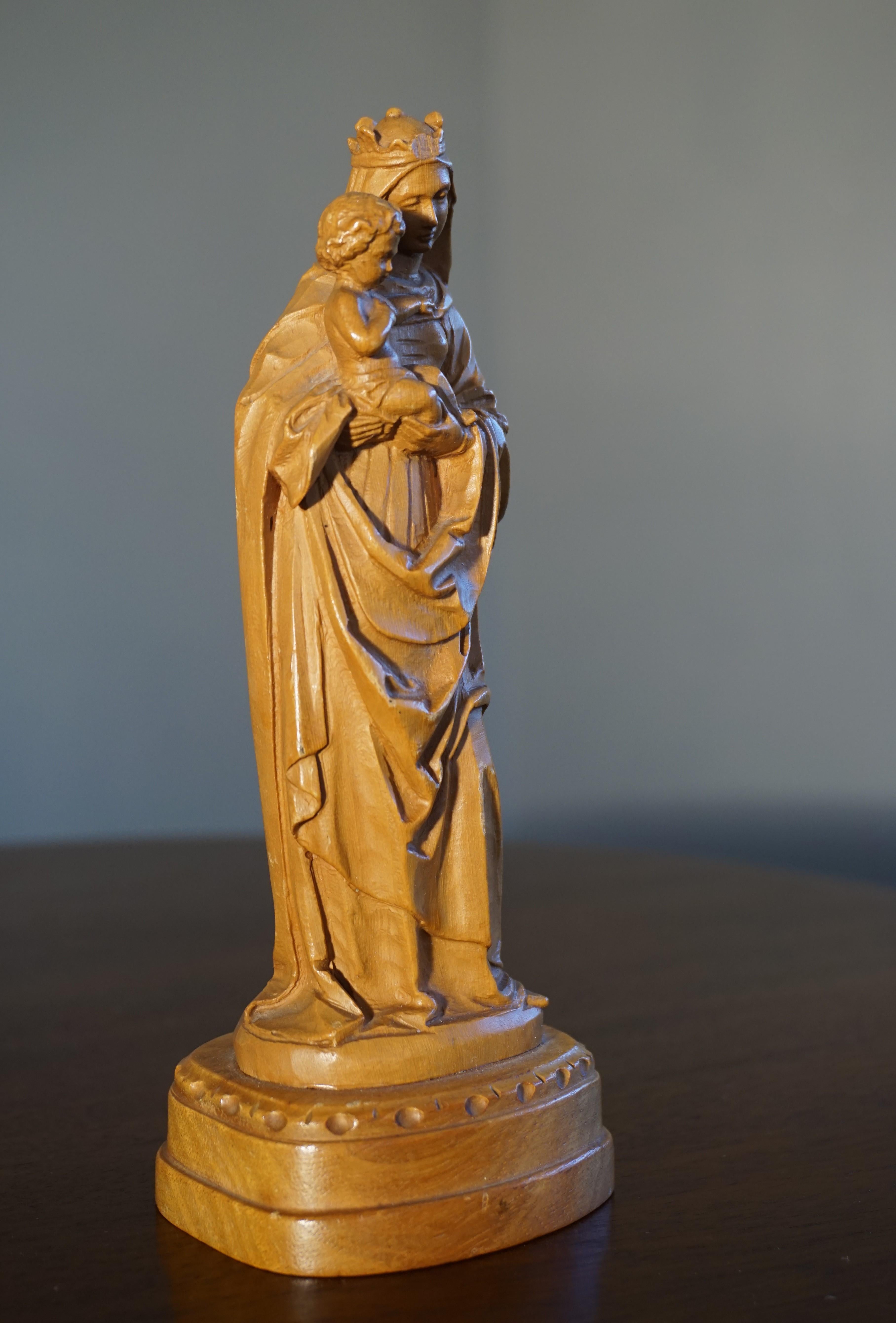 European Finest Quality, Hand Carved Miniature Statue of Mother Mary Holding Child Jesus