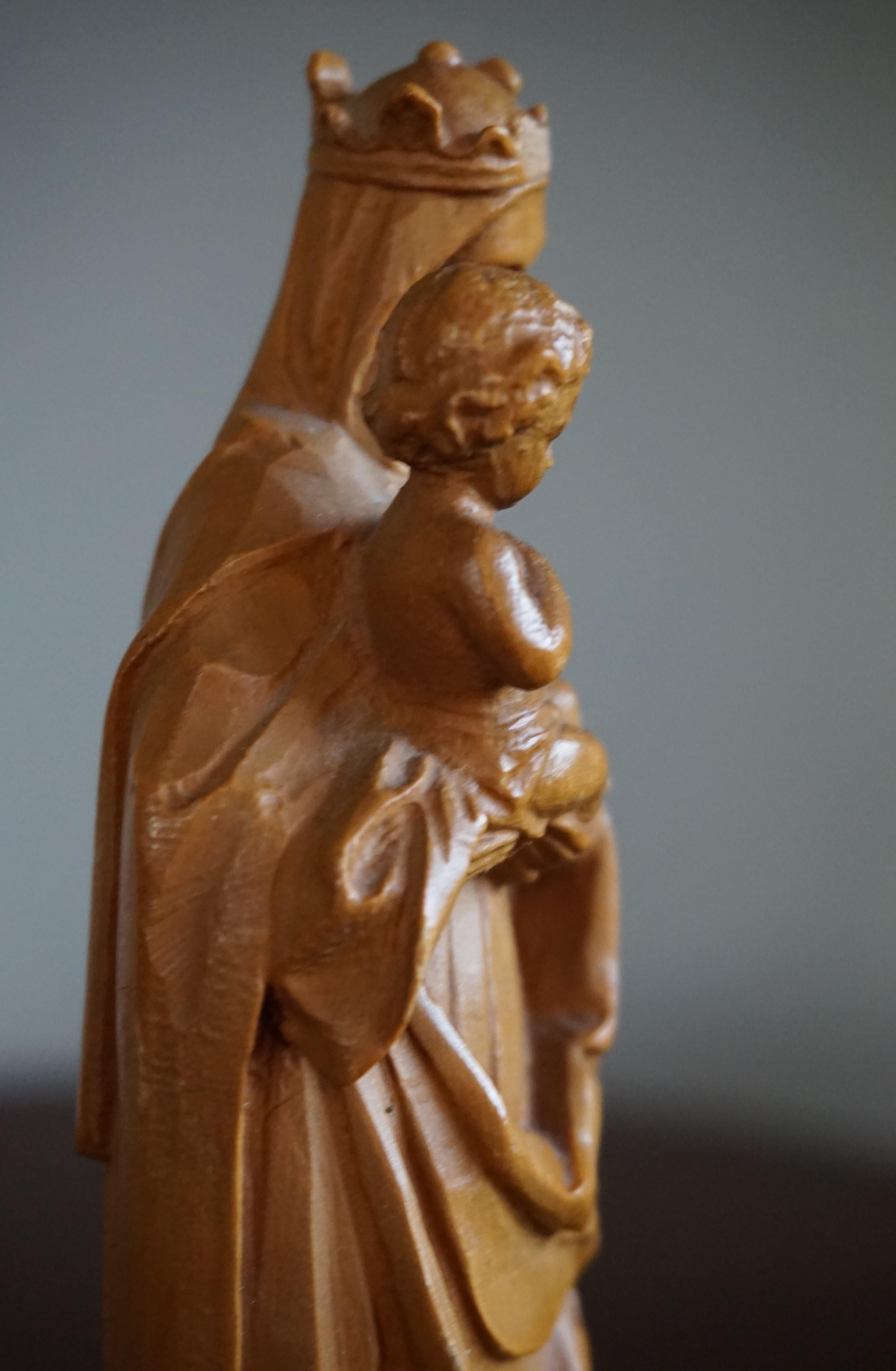 20th Century Finest Quality, Hand Carved Miniature Statue of Mother Mary Holding Child Jesus
