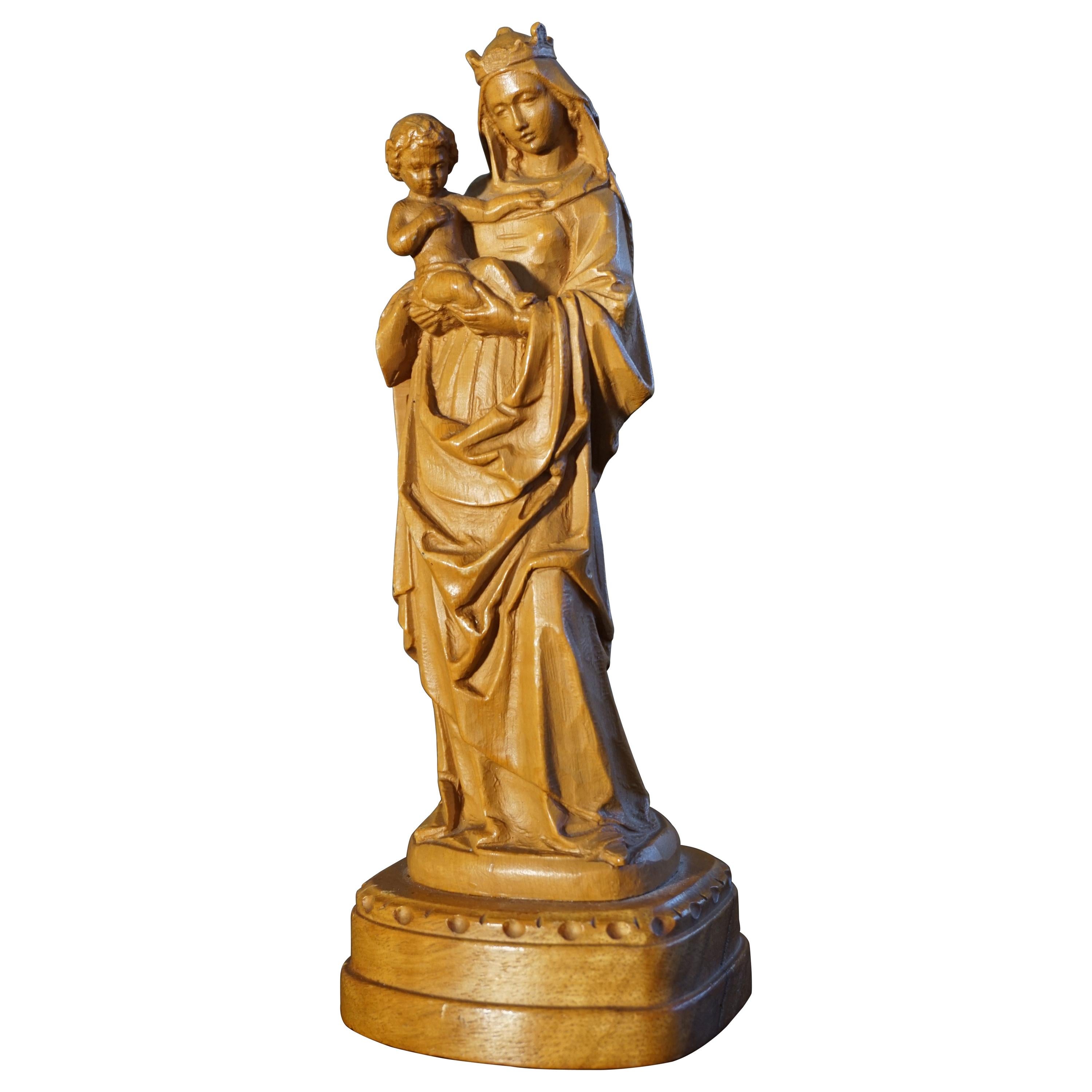 Finest Quality, Hand Carved Miniature Statue of Mother Mary Holding Child Jesus
