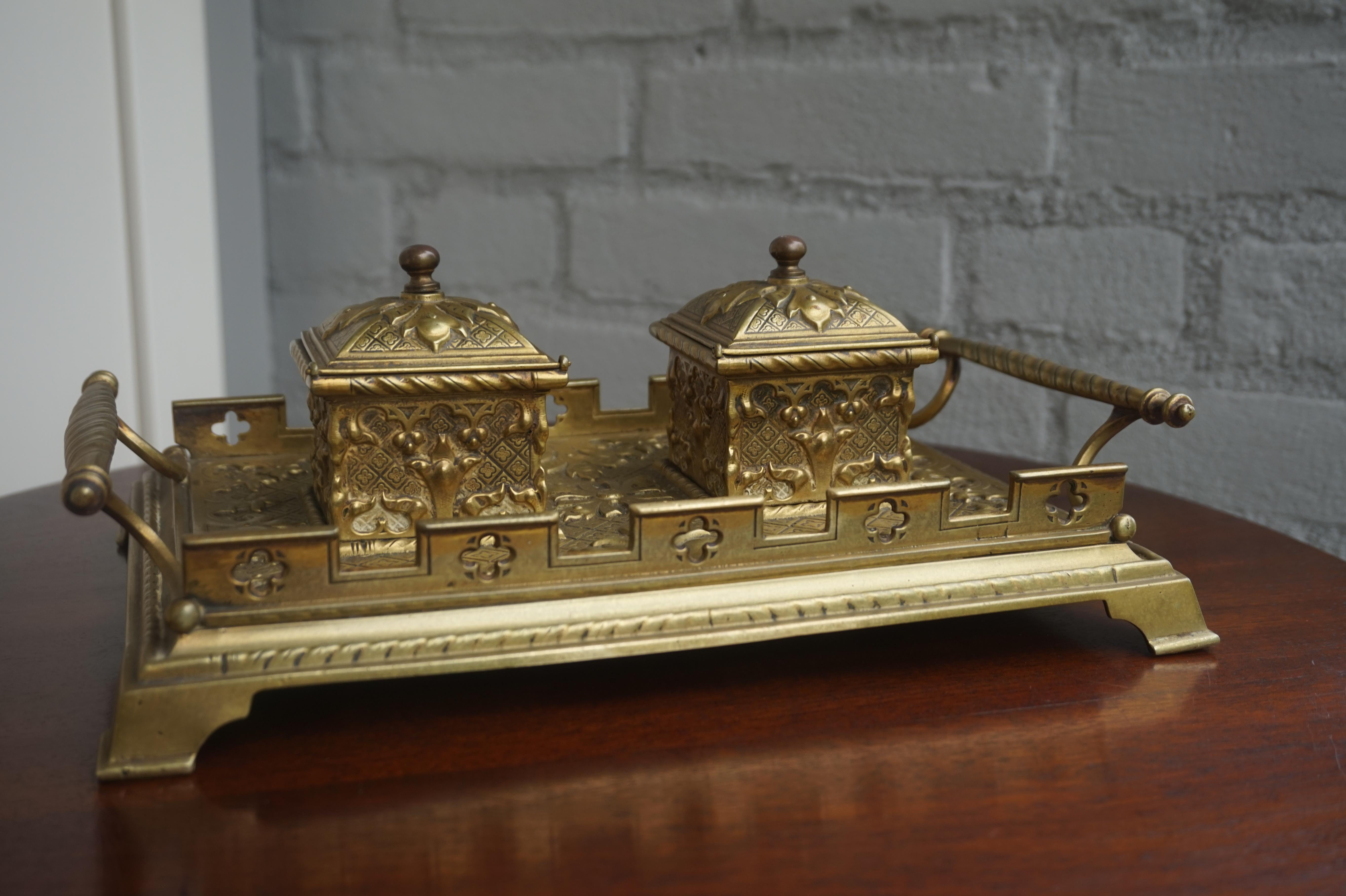 Finest Quality Handcrafted Antique Bronze and Brass Gothic Revival Inkstand 4